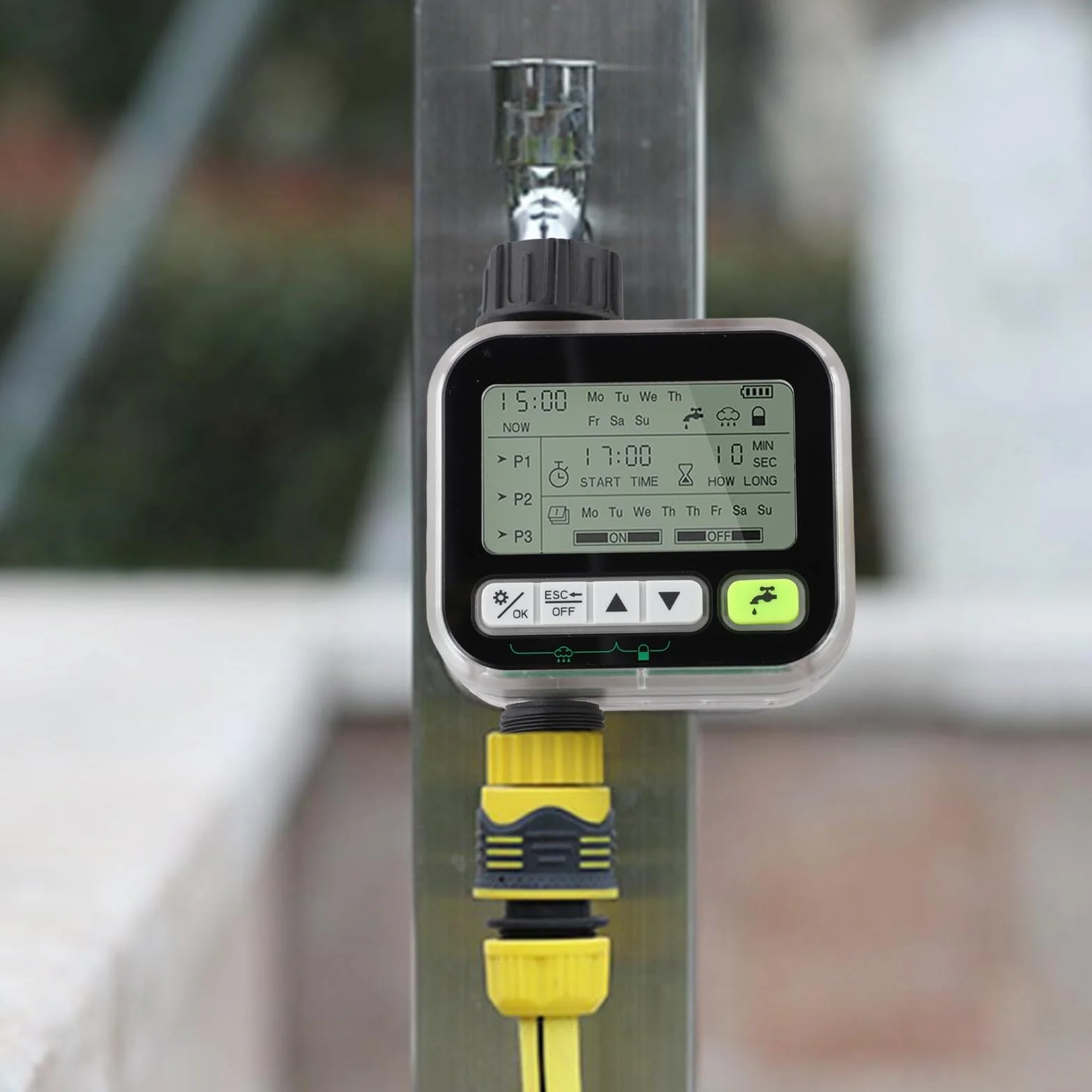 Temporizador de riego de jardín con sensor de lluvia, IPX5 impermeable, pantalla LCD