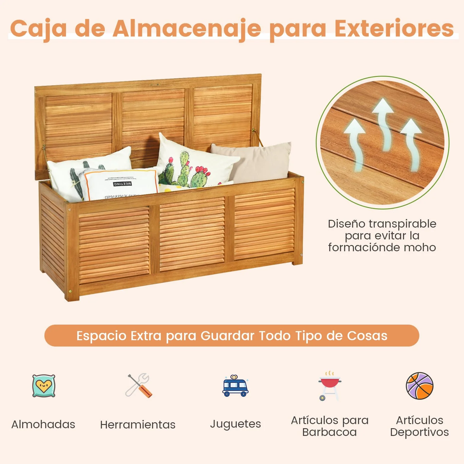 RELAX4LIFE Baúl Almacenaje Exterior Madera Acacia 120,5x44,5x44,5cm Carga 160kg