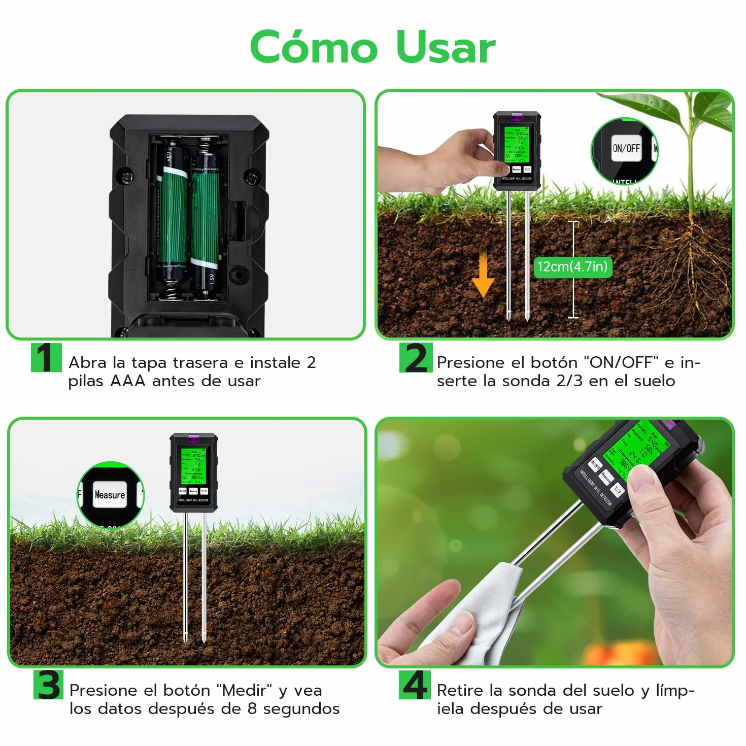 Wigearss Medidor de Suelo 6 en 1, Medidor de Fertilidad del Suelo/Luz Solar/Humedad Ambiental/pH/Temperatura con Pantalla LCD