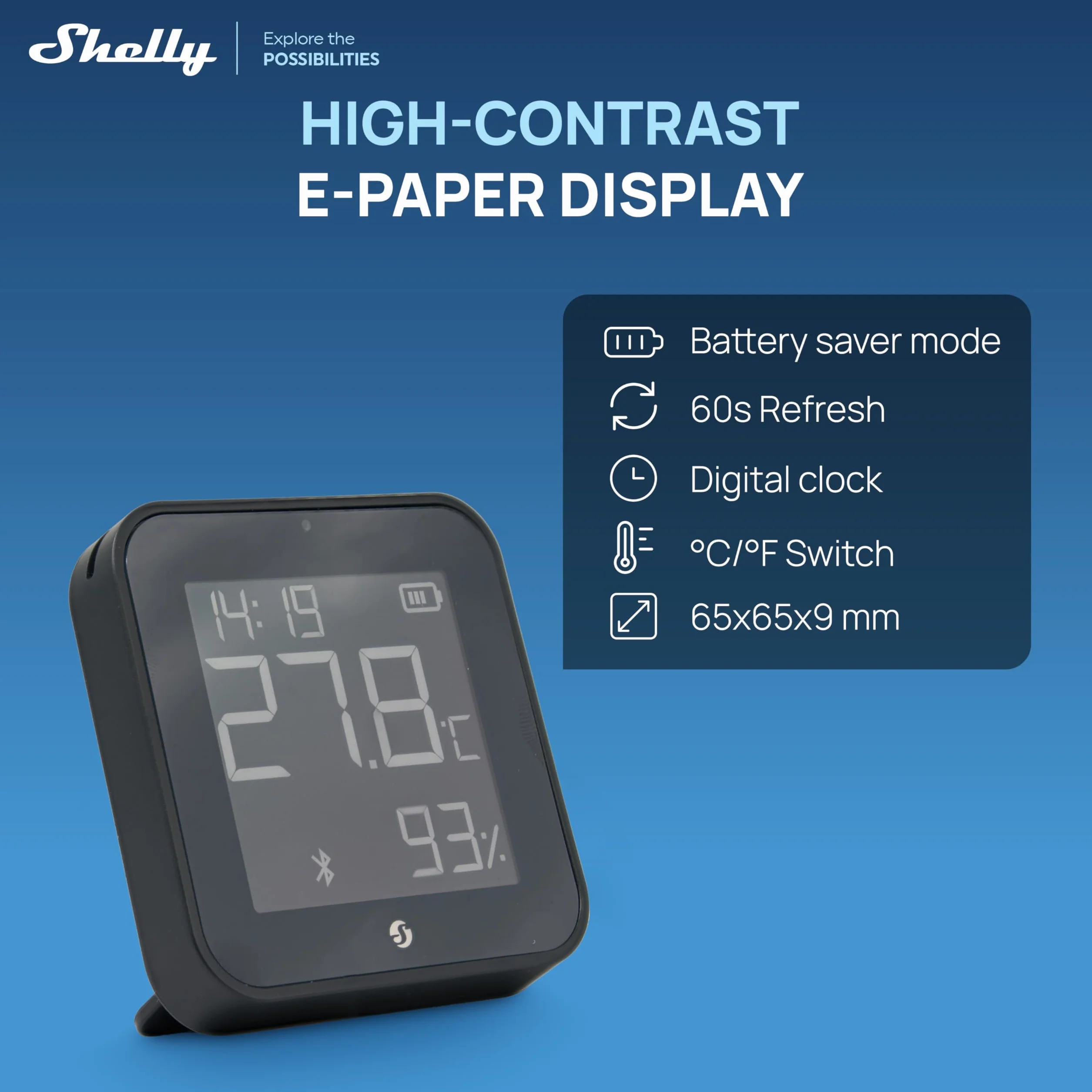 Shelly BLU H&T Display ZB Negro Sensor de temperatura y humedad inteligente Bluetooth Zigbee Monitor termómetro higrómetro interior Compatible Alexa Google Control app