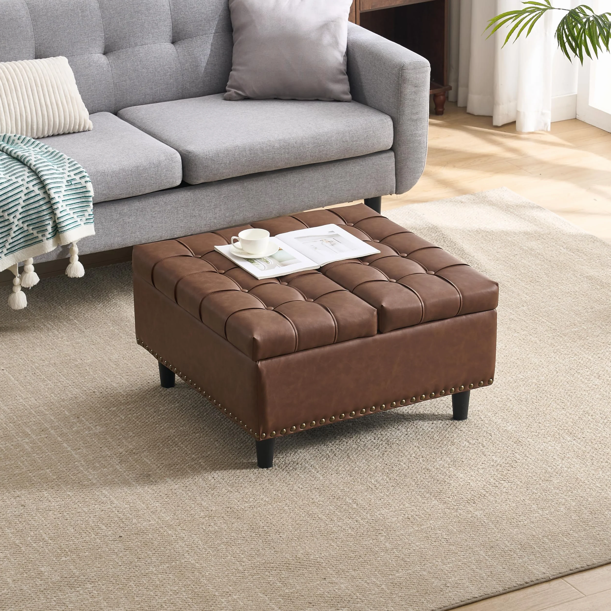 Silla de almacenamiento grande cuadrada banco elevable caja acolchada marrón PU