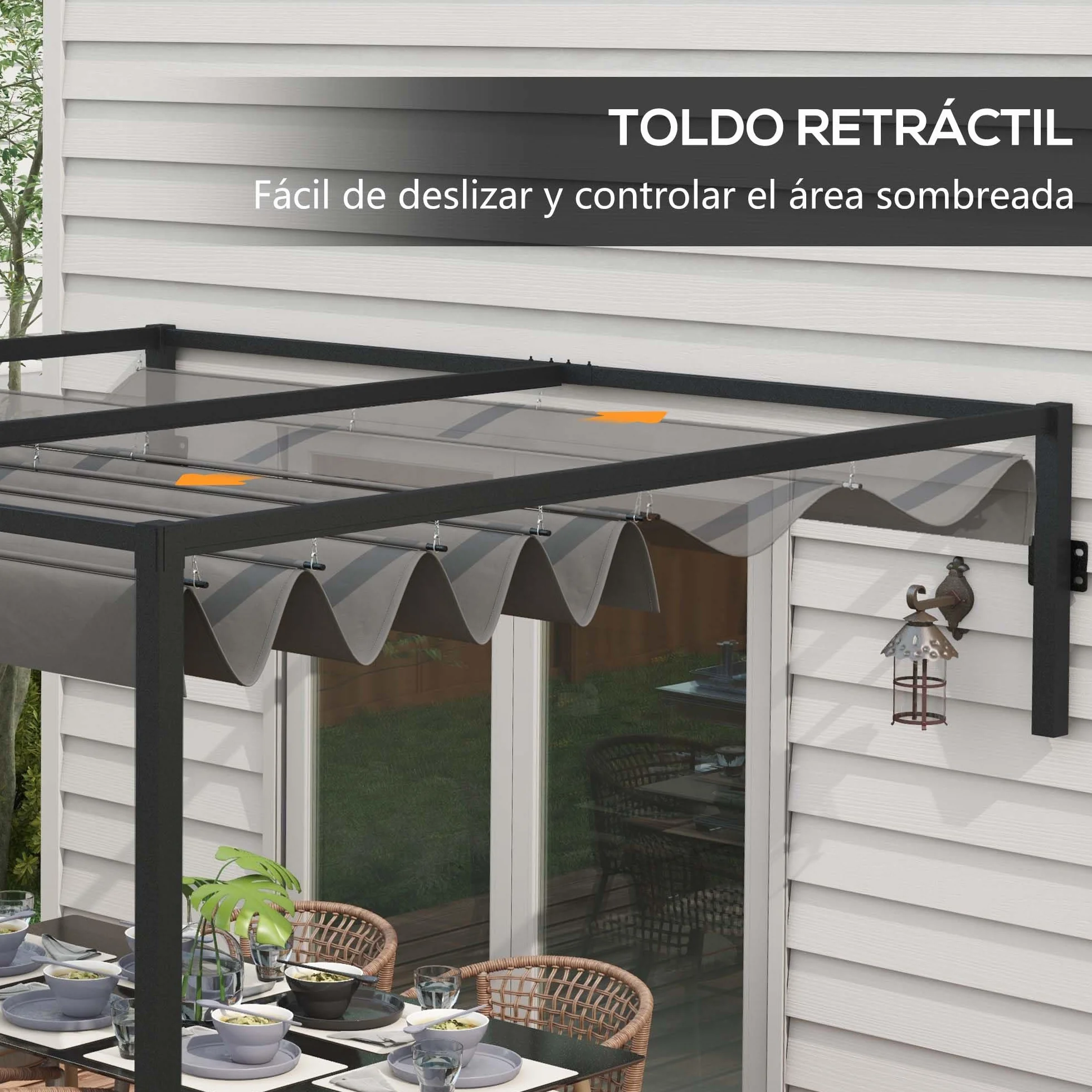 Outsunny Pérgola con Techo Retráctil Pérgola de Pared 3x2 m Cenador con Tela de Poliéster Resistente al Agua Pabellón para Jardín Patio Terraza Exterior Gris Oscuro
