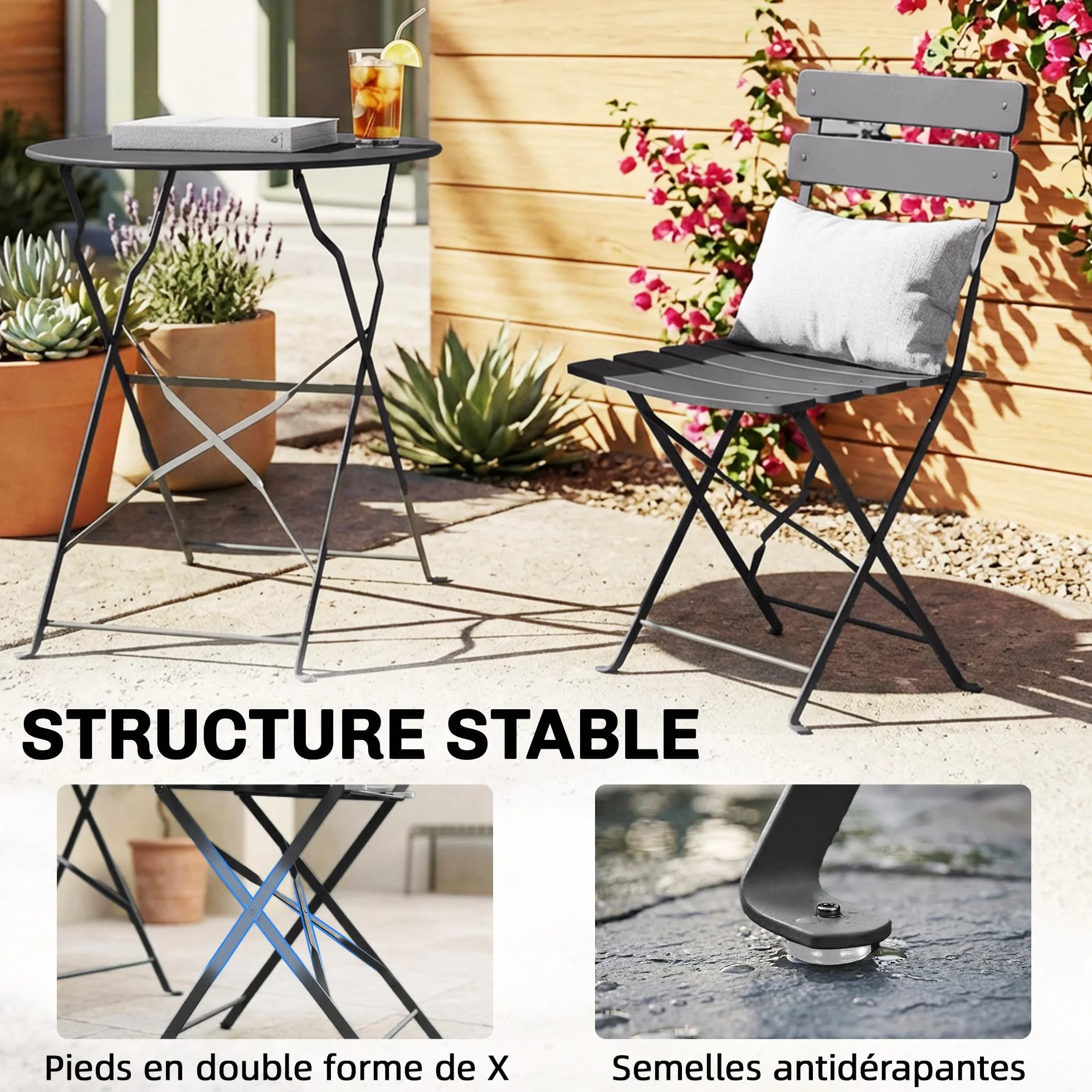 Outsunny Juego de bistró de jardín 3 piezas mesa 2 sillas plegables metal negro