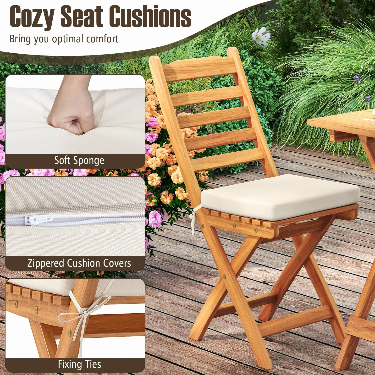 KOMFOTTEU Juego de Bistro 3 Piezas Plegables, Mesa y 2 Sillas de Madera de Acacia para Jardín
