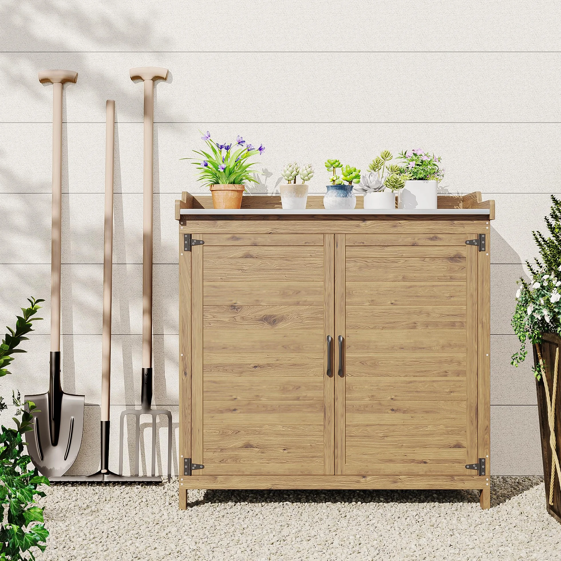 Bealife Mesa de Cultivo con Armario, Exterior para Macetas, Jardín, 98 x 48 x 95 cm, Natural