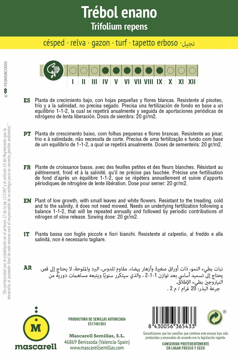 Mascarell Semillas Trébol Blanco Enano Semillas de Césped Compacto Resistente 100g