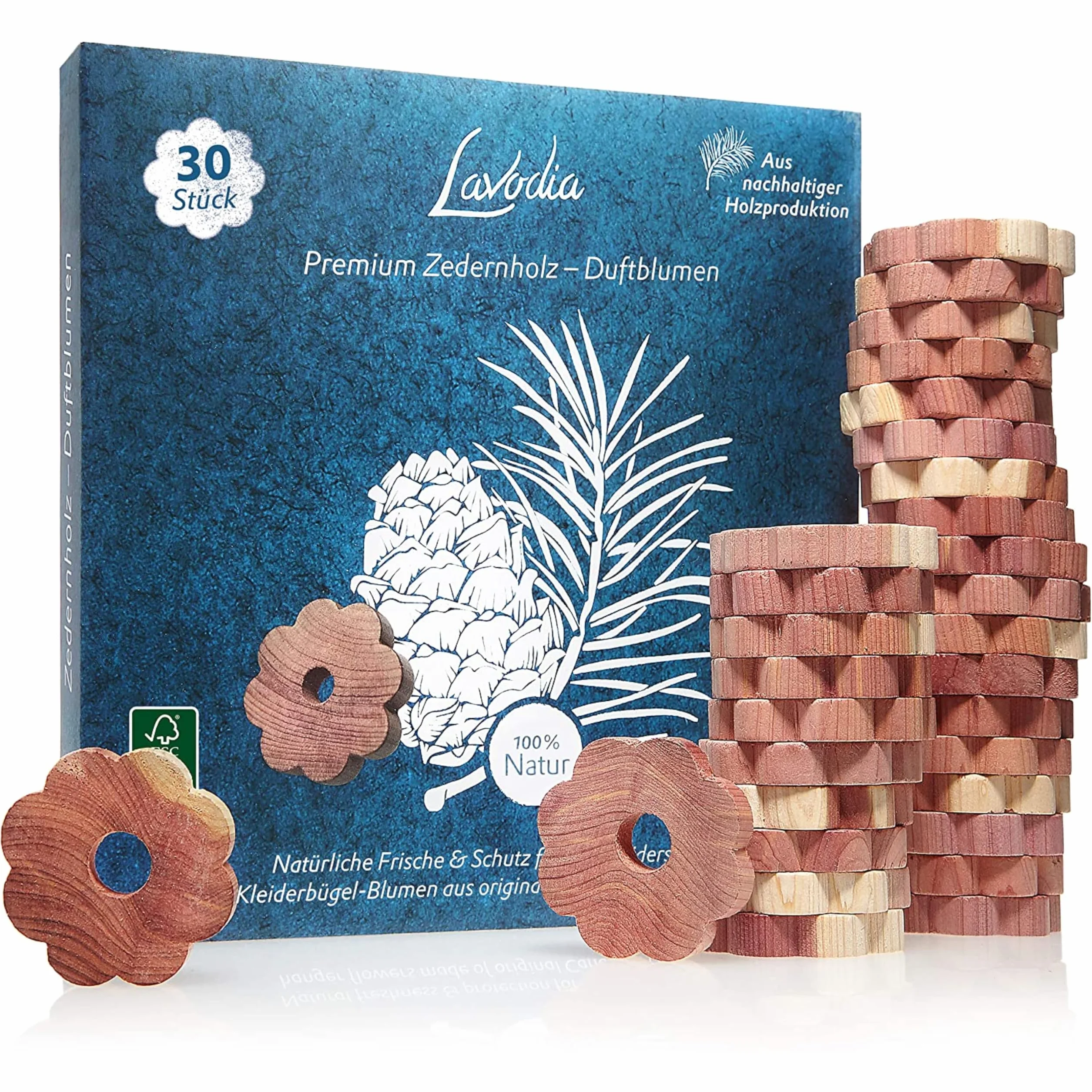 Aros Madera Cedro: 30 Flores Cedro Premium antipolillas para Ropa -Protección Natural Decorativa Absorbe Olores Armario - Trampas Naturales para Polillas - 30 Aros Madera Cedro Lavanda Lavodia