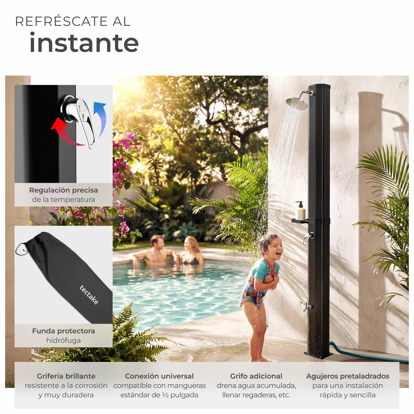 Tectake Ducha Exterior Solar 35 L Negro Resistente Intemperie Alcachofa 360°