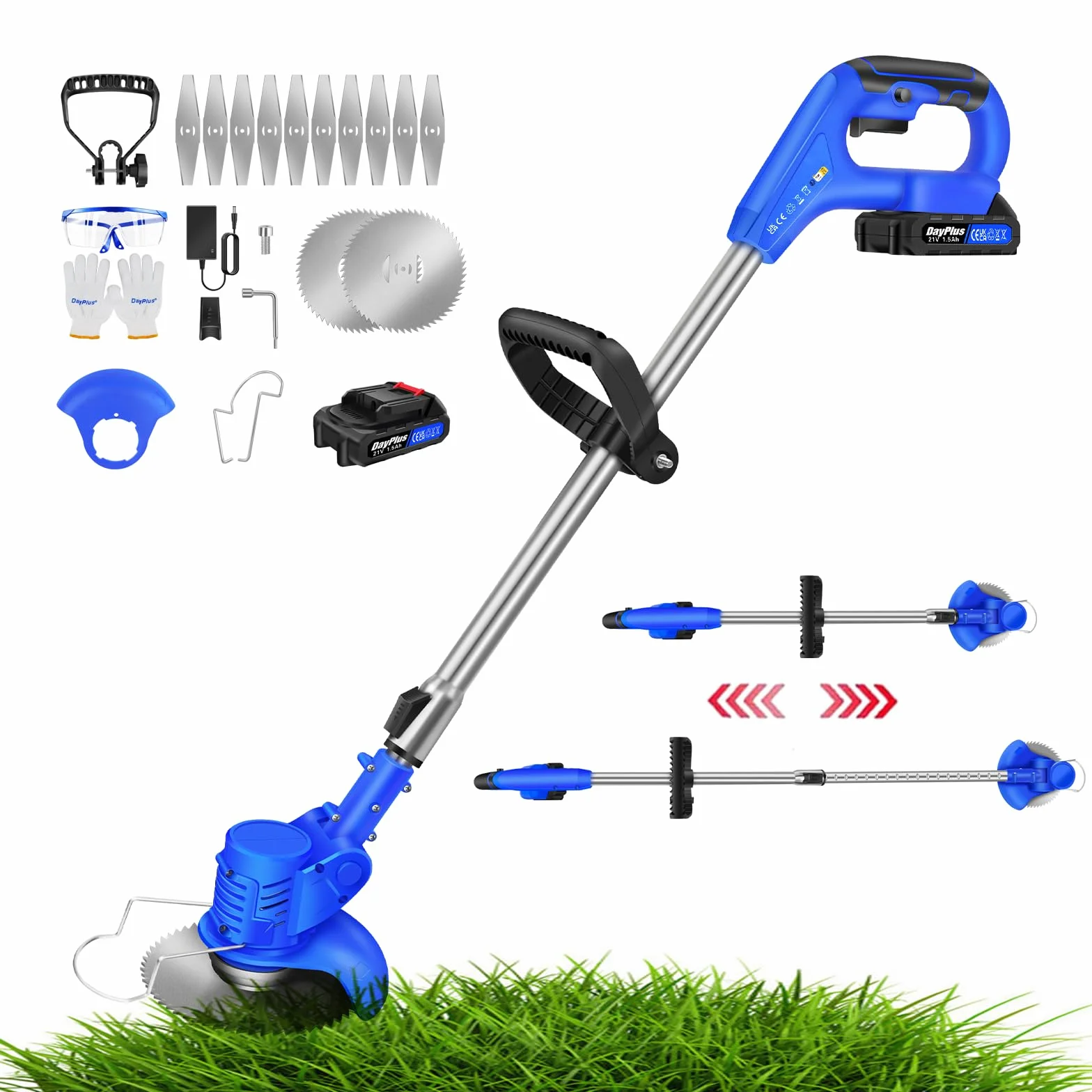 Cortadora de césped inalámbrica y bordeadora de césped con baterías de iones de litio de 1.5 Ah y cargador rápido, cortador de cepillo de jardín alimentado por pilas, 10 cuchillas, mango ajustable,