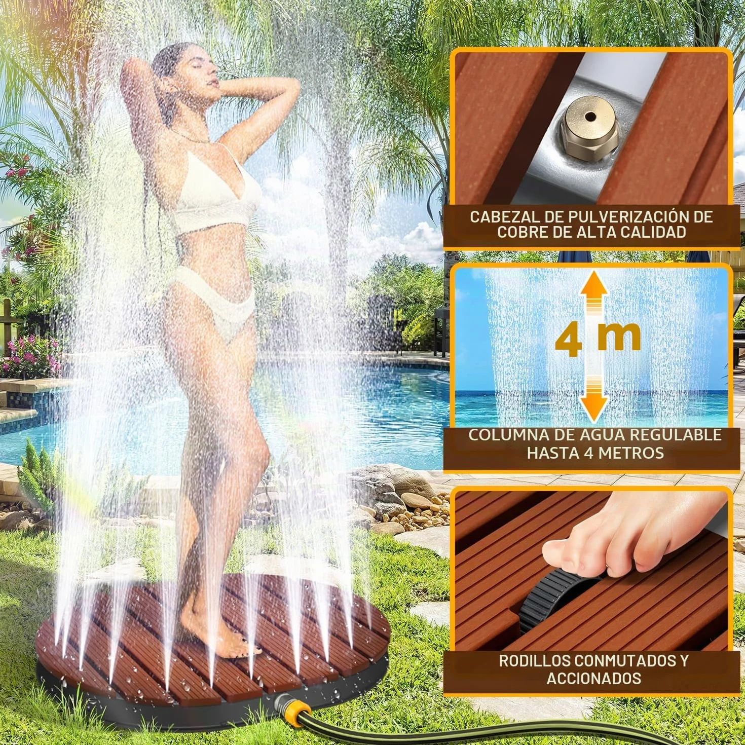 Ducha de jardín WPC 4 m altura regulable placa de ducha exterior mezclador agua fría caliente piscina boquillas cobre bolsa transporte