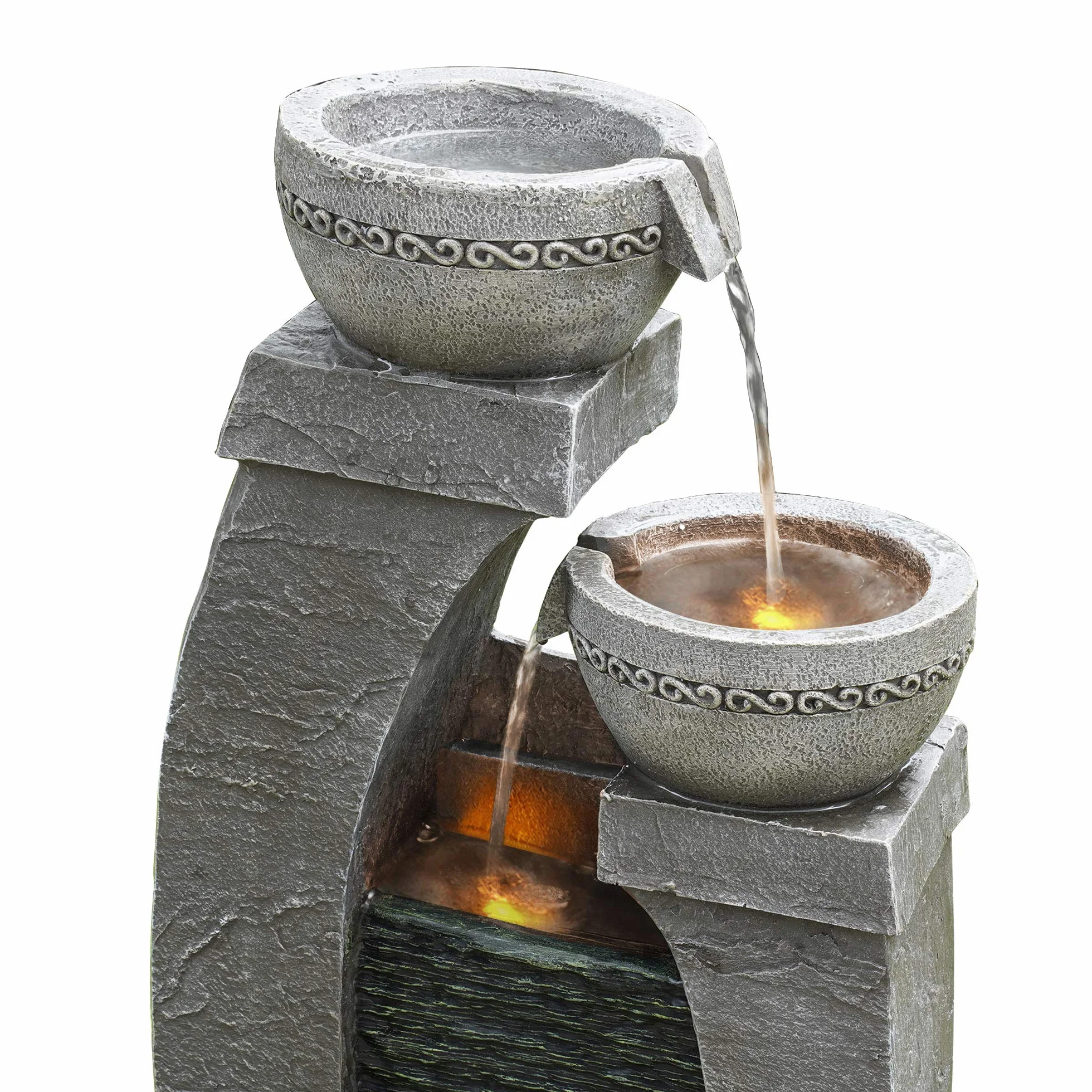Teamson Home Fuente de Agua Alimentada por Energía Solar con Luces para Jardín y Exteriores, Fuente de Agua en Cascada, Gris Pizarra, Decoración de Interior y Respaldo de Batería