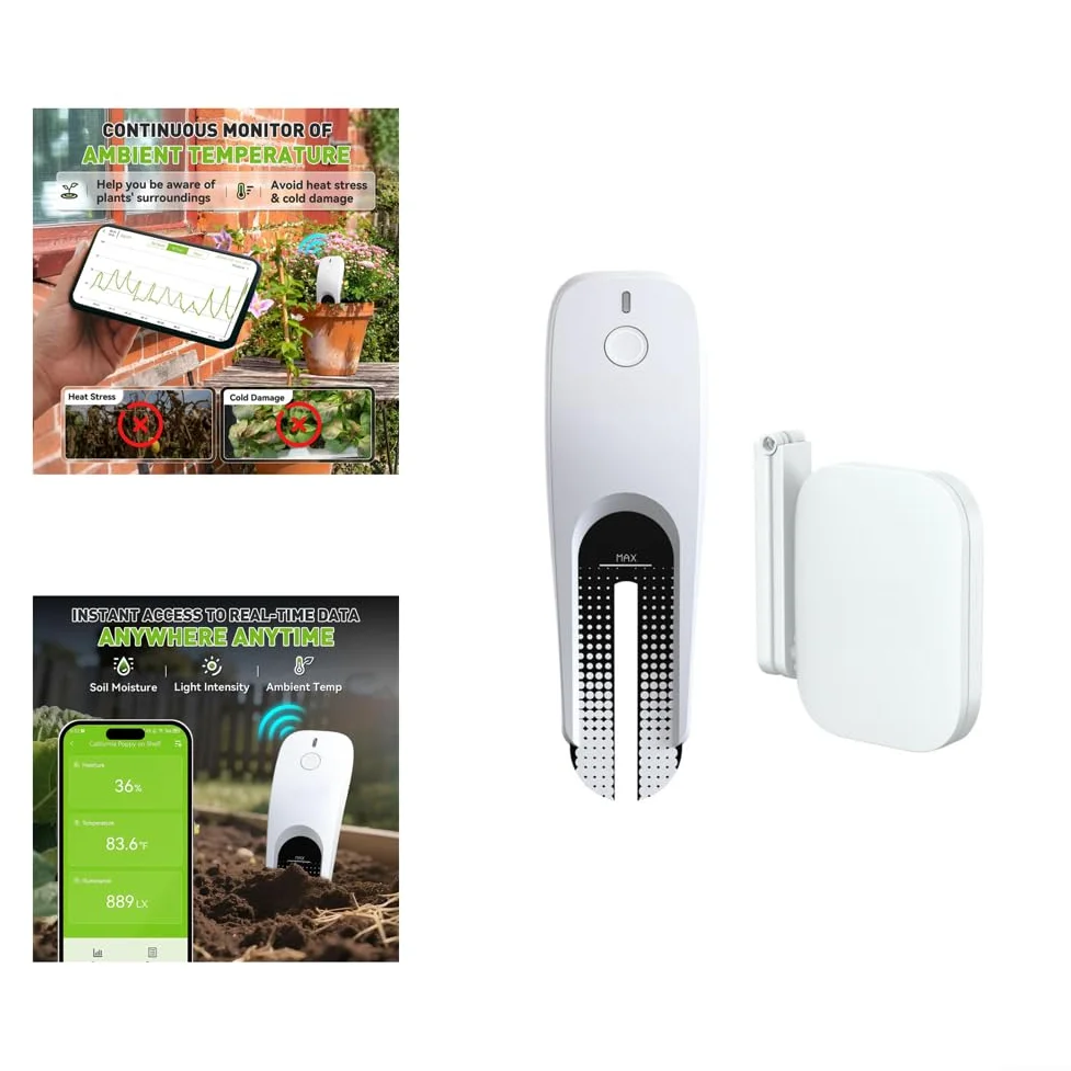 BlissfulAbode Medidor de humedad del suelo con WiFi, sensor higrómetro inteligente para seguimiento de datos en tiempo real, niveles de luz, plantas en maceta, césped, blanco (B)