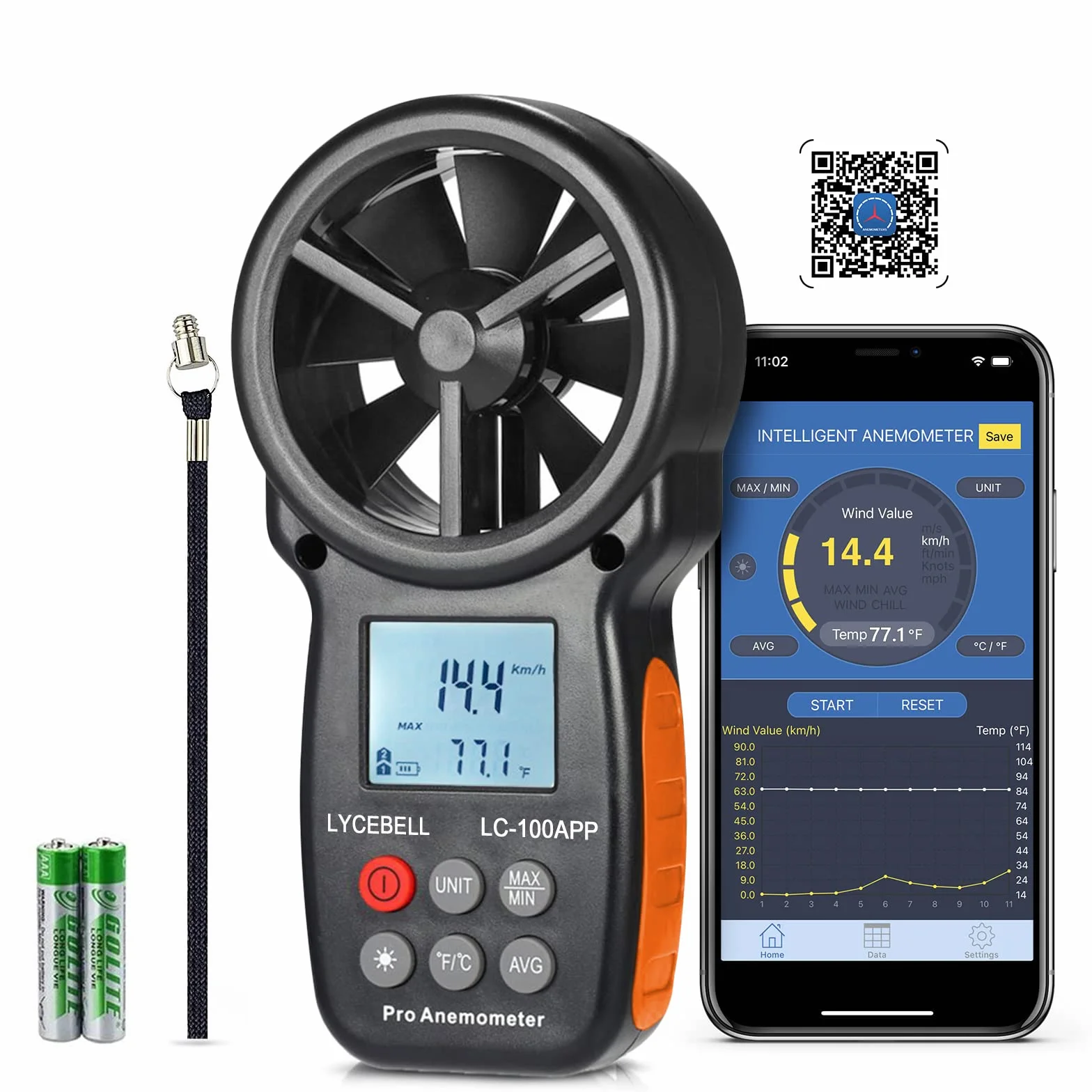 Anemómetro Digital de Mano LC-100-APP Bluetooth Medidor de Velocidad del Viento Temperatura