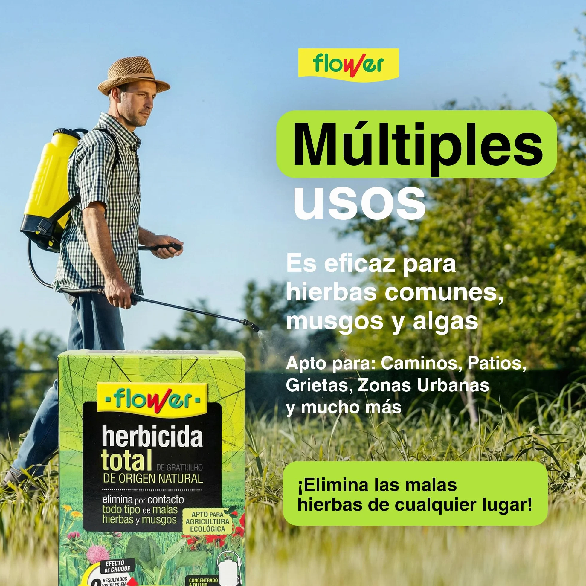 FLOWER Herbicida Total Ecológico 150 m² 250ml Elimina Malas Hierbas y Musgos Alternativa Glifosato