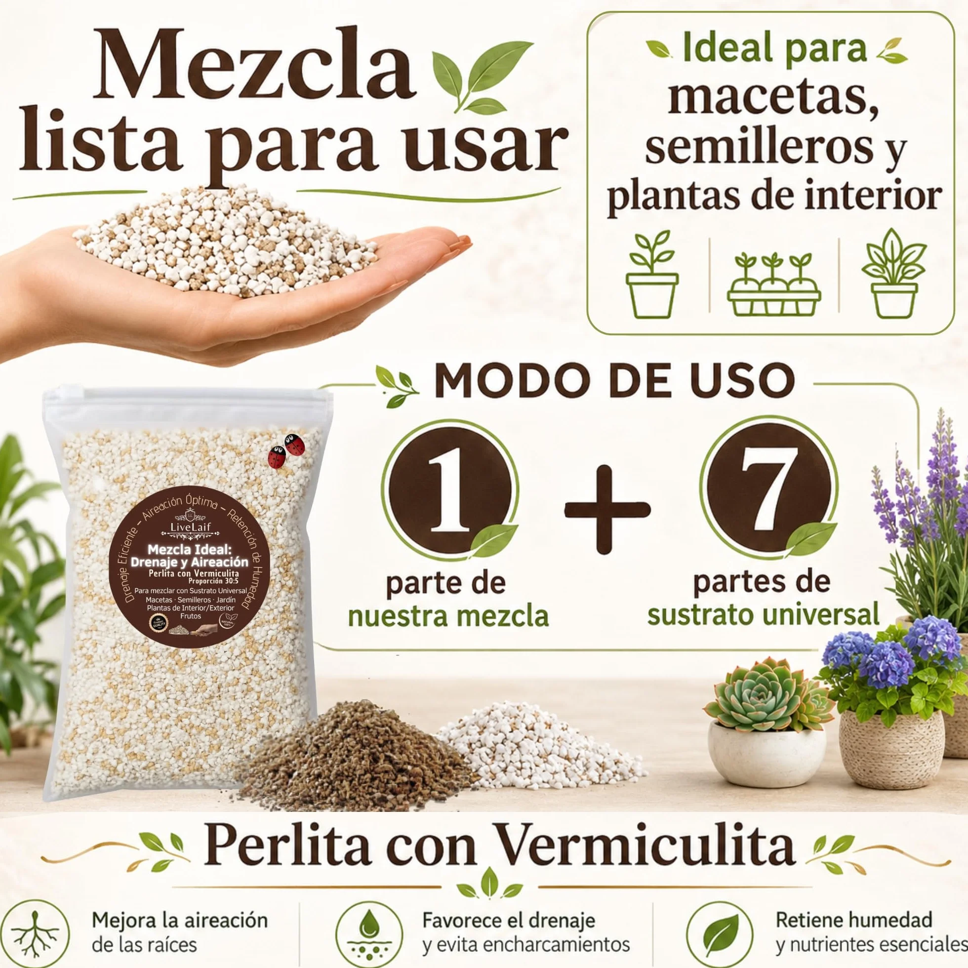 Mezcla Perlita con Vermiculita para Plantas 3L | Sustrato Universal para Suculentas, Orquideas y Macetas