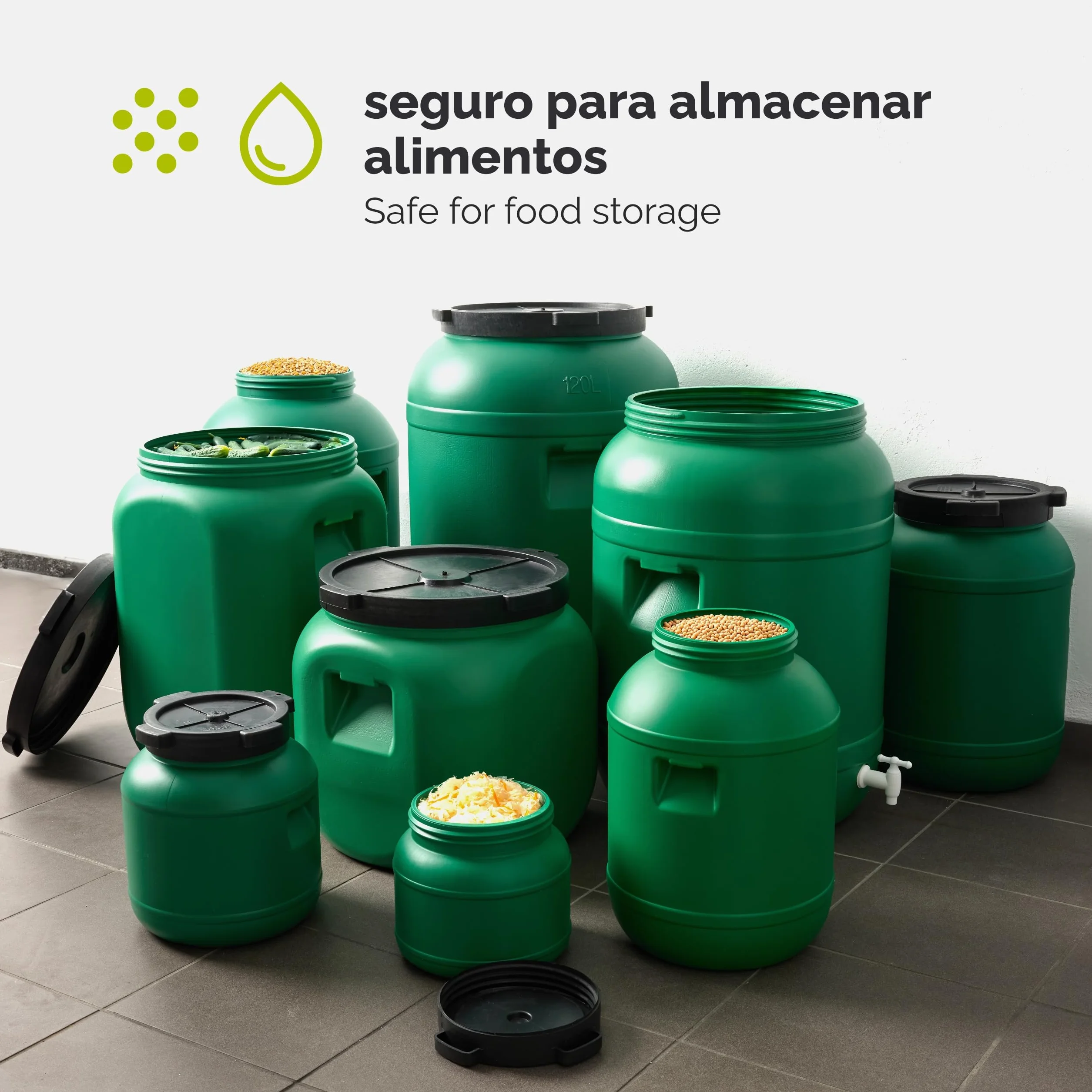 Bidón de plástico 250 litros HDPE sin BPA Barril alimentario boca ancha verde Garronda