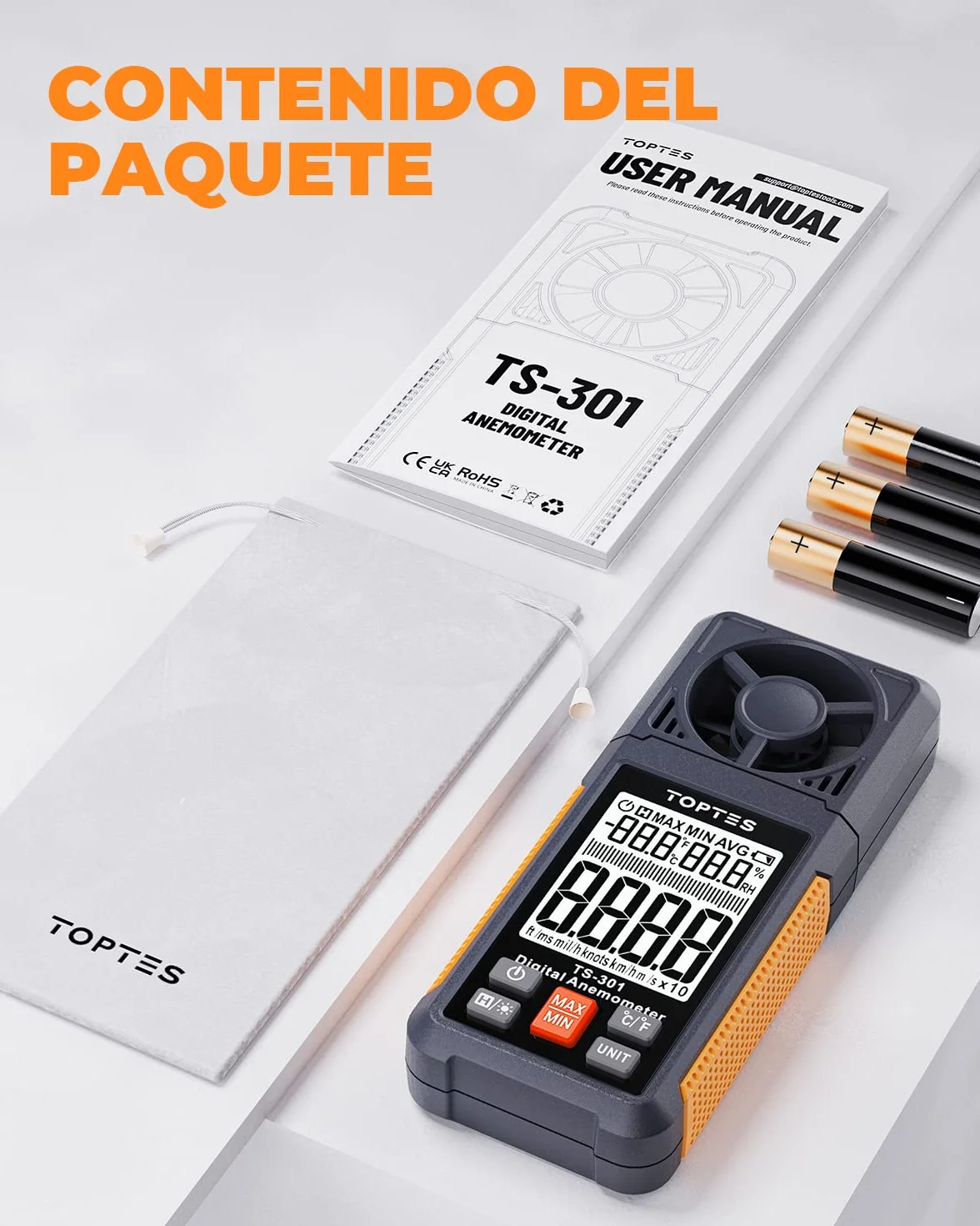 TopTes TS-301 Anemómetro Digital Pantalla LCD 2,26 pulgadas Medidor Velocidad Viento Naranja