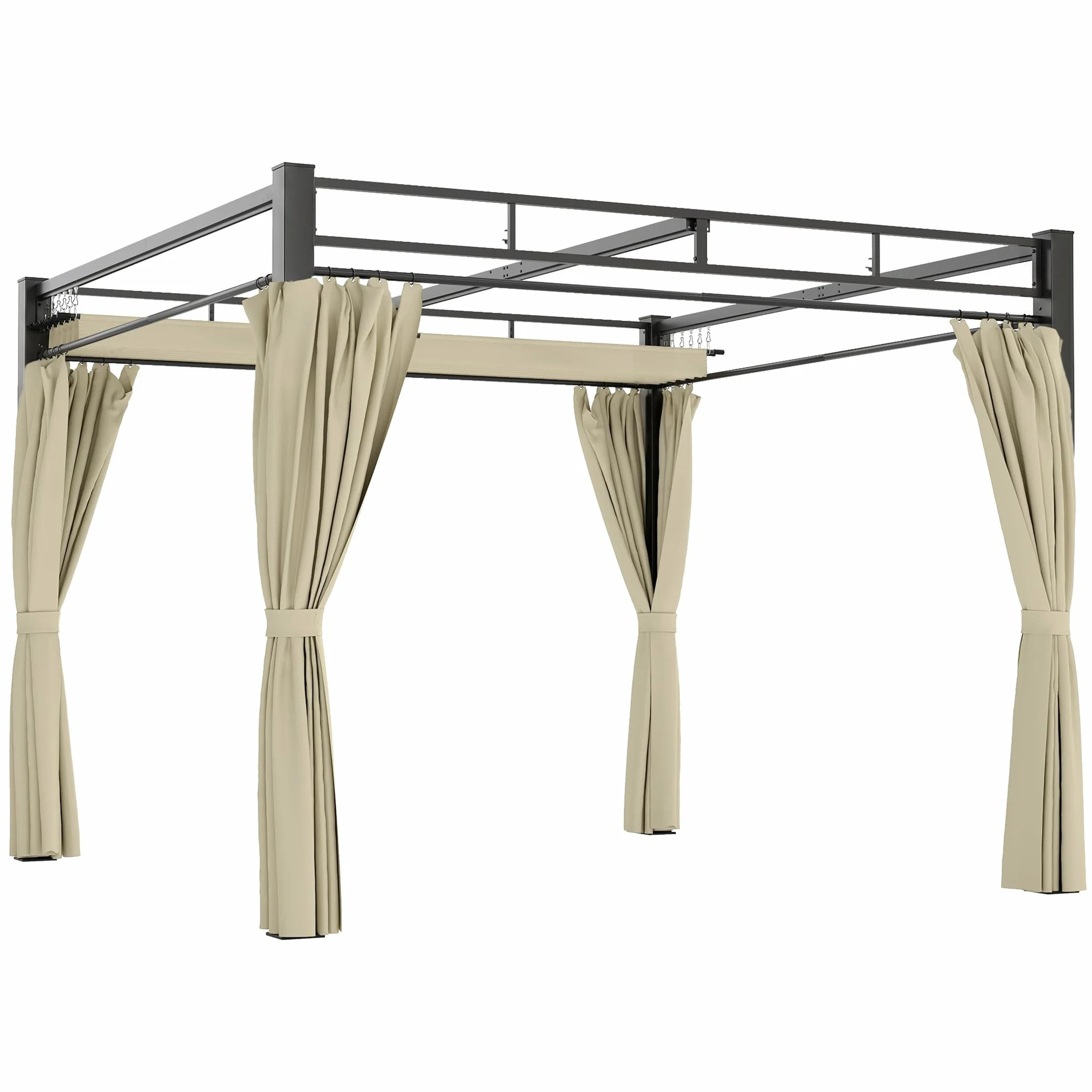 Outsunny Pérgola de Jardín 3x3 m con Techo Retráctil y 4 Cortinas, Cenador de Jardín con Protección UV30+, Impermeable, Estructura Metálica, Pabellón para Patio, Terraza, Exterior, Beige