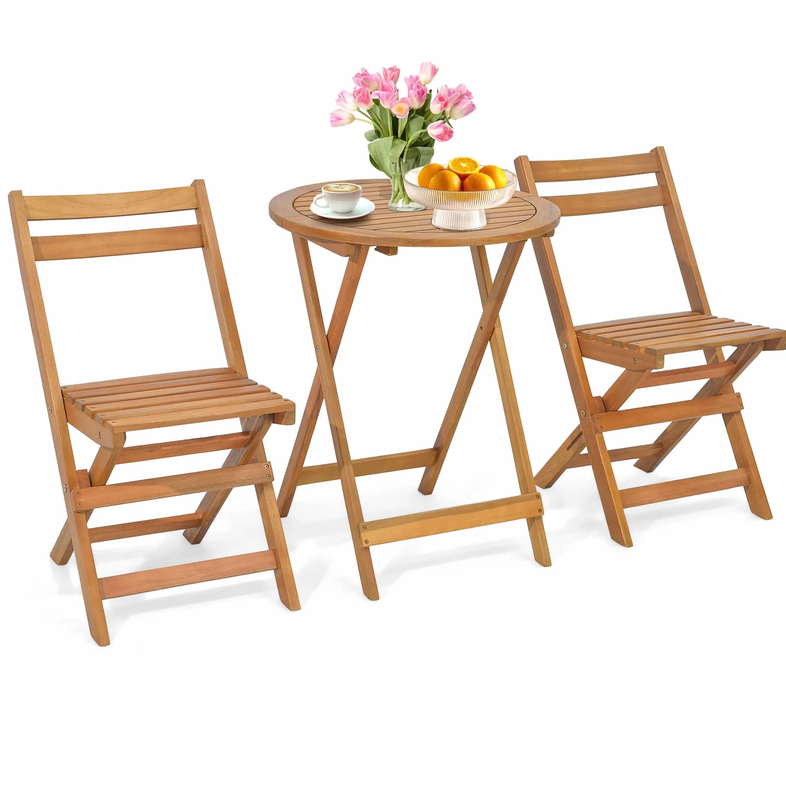 COSTWAY Conjunto Mesa y Sillas Jardin, Mesa Redonda y 2 Sillas Plegables de Madera de Acacia para Exterior