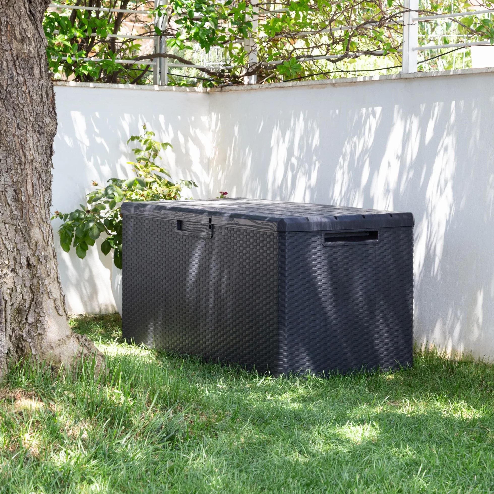 Toomax Baúl multibox Portofino Exterior con Asiento 340 litros Efecto Madera Antracita 123,7x54,5x56,2 cm