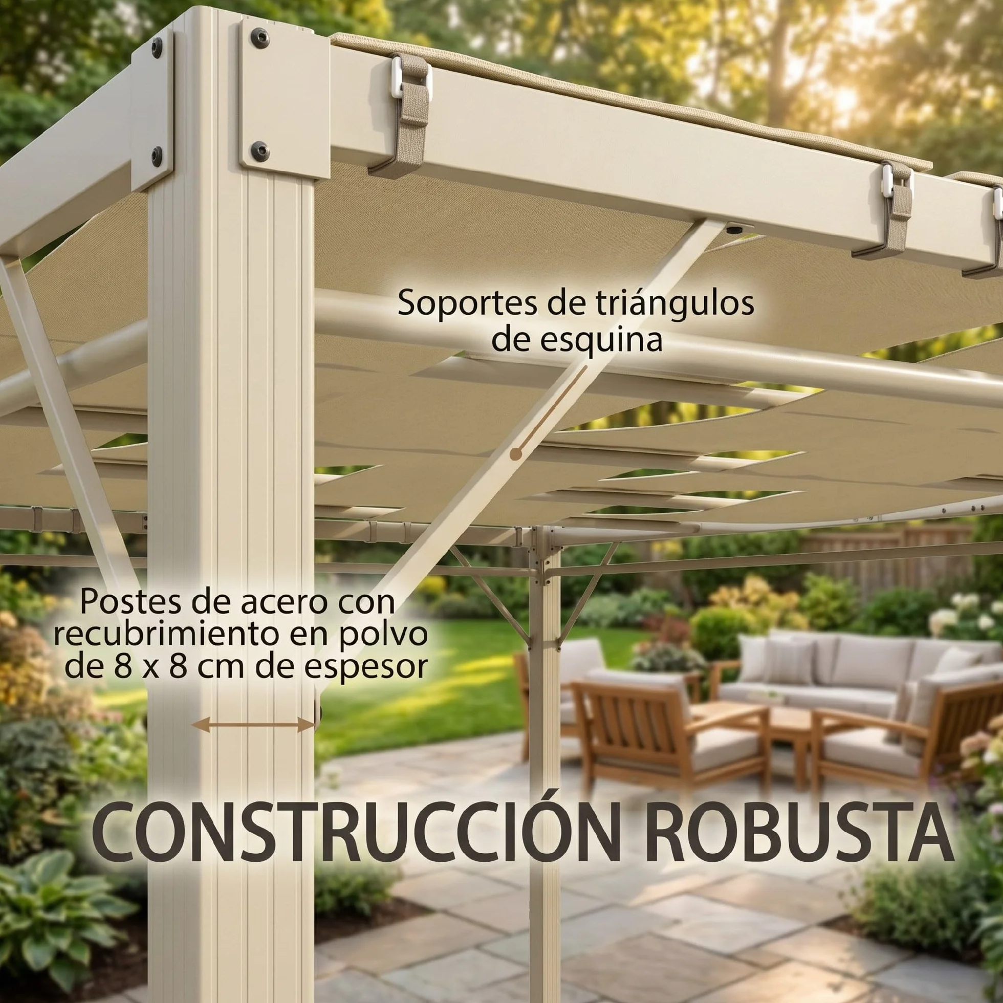 Outsunny Pérgola de Jardín 3x4 m Cenador con Techo Ondulado, Cortinas Desmontables, Estructura Acero, Protección UPF50+, Beige