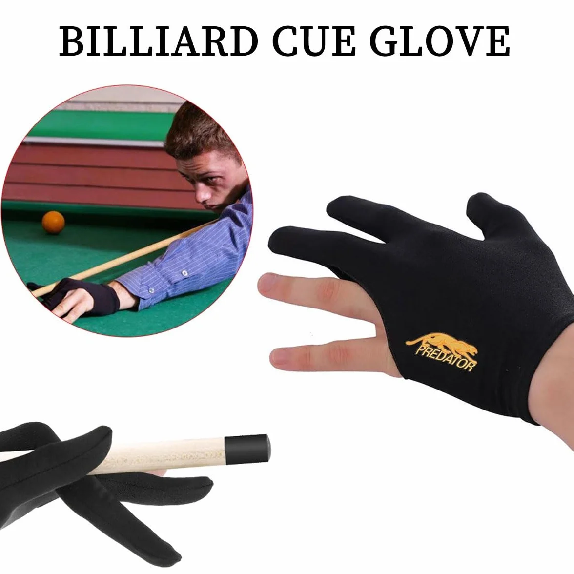 Guante de Billar 3 Dedos Negro Malla Elástico Unisex 8 Unidades