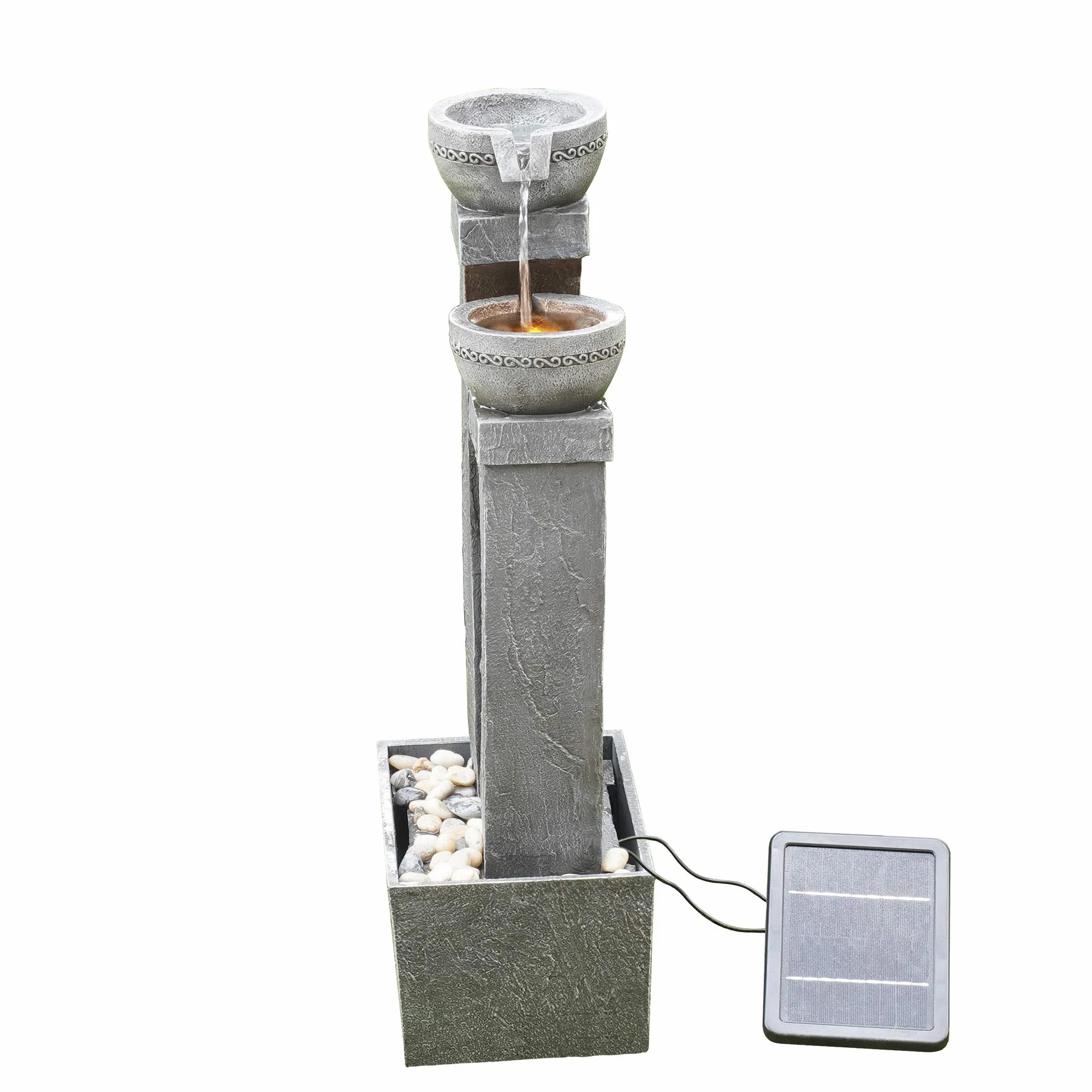 Teamson Home Fuente de Agua Alimentada por Energía Solar con Luces para Jardín y Exteriores, Fuente de Agua en Cascada, Gris Pizarra, Decoración de Interior y Respaldo de Batería