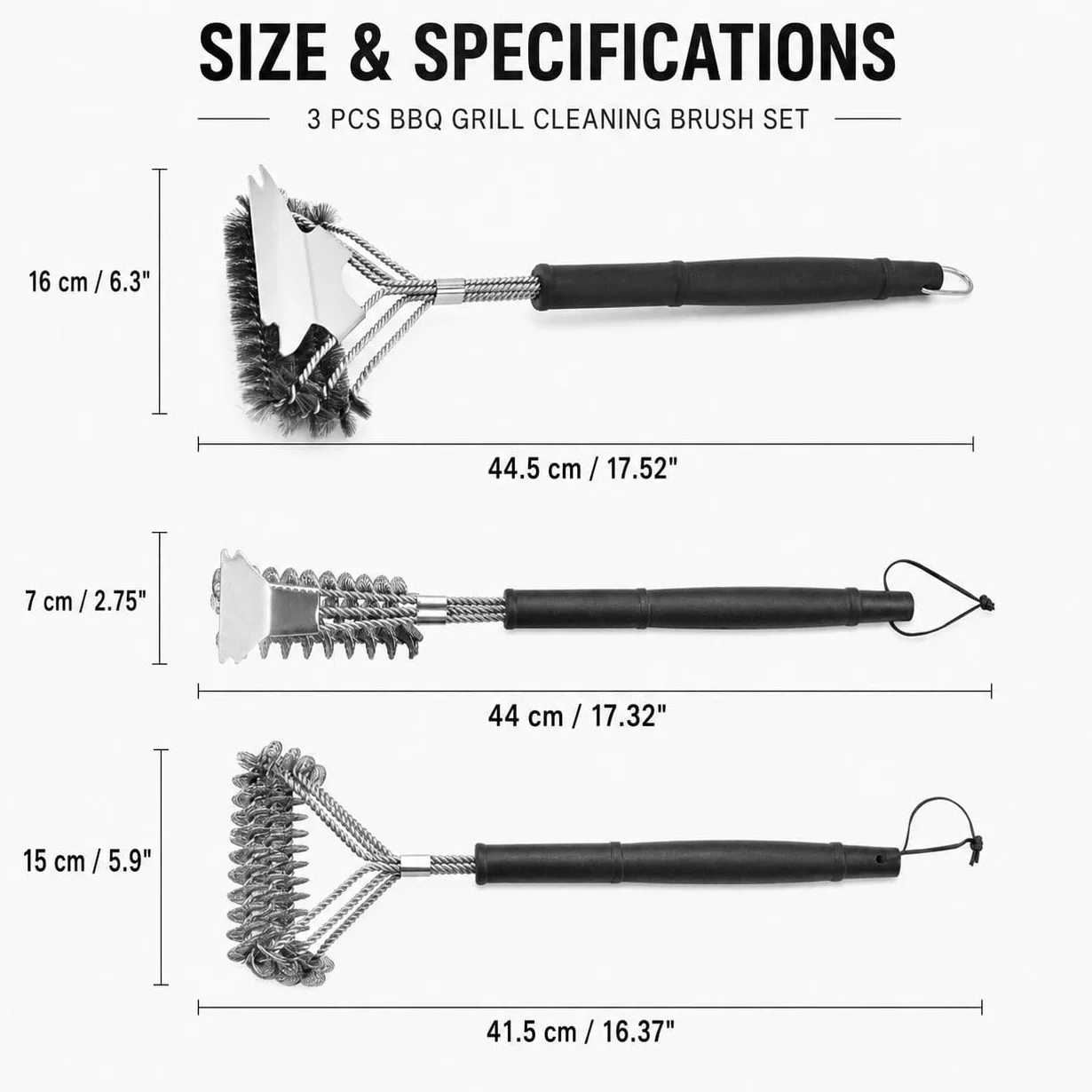 3PCS Cepillo Barbacoa Limpieza para Royal Gourmet Gas Grill and Pizza Oven | 17.3"Cepillo de 3 Cabezales en Espiral con Raspador 16.4"Cepillo con Espirales Superpuestas 17.5"Cepillo 3 Filas con Raspador