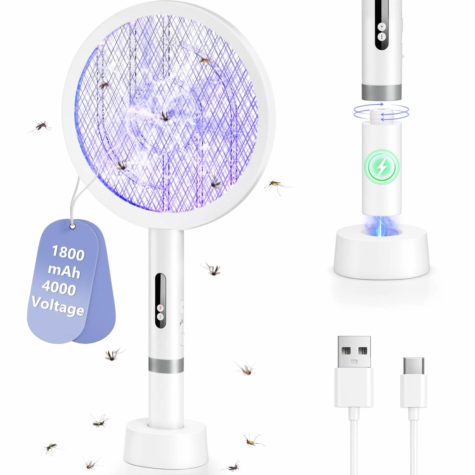 Raqueta Mosquitos Electrica 4000V, 1800mAh USB-C Recargable Matamoscas Fuerte con Lámpara UV, Malla 3 Capas, Blanco