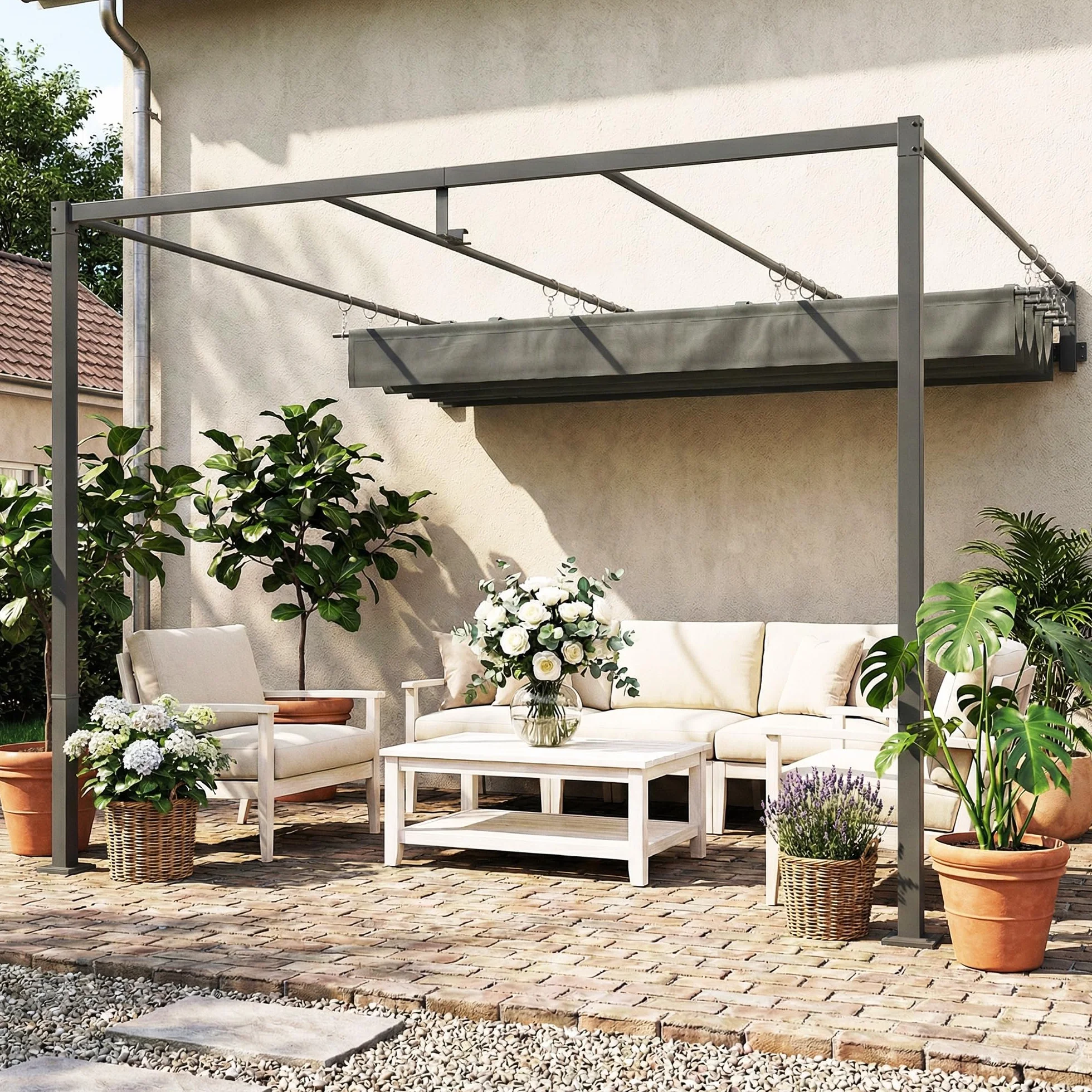 Outsunny Pérgola de Pared de Jardín 3x3 m, Cenador con Techo Retráctil, UPF30+, Estructura de Acero, Gris Oscuro