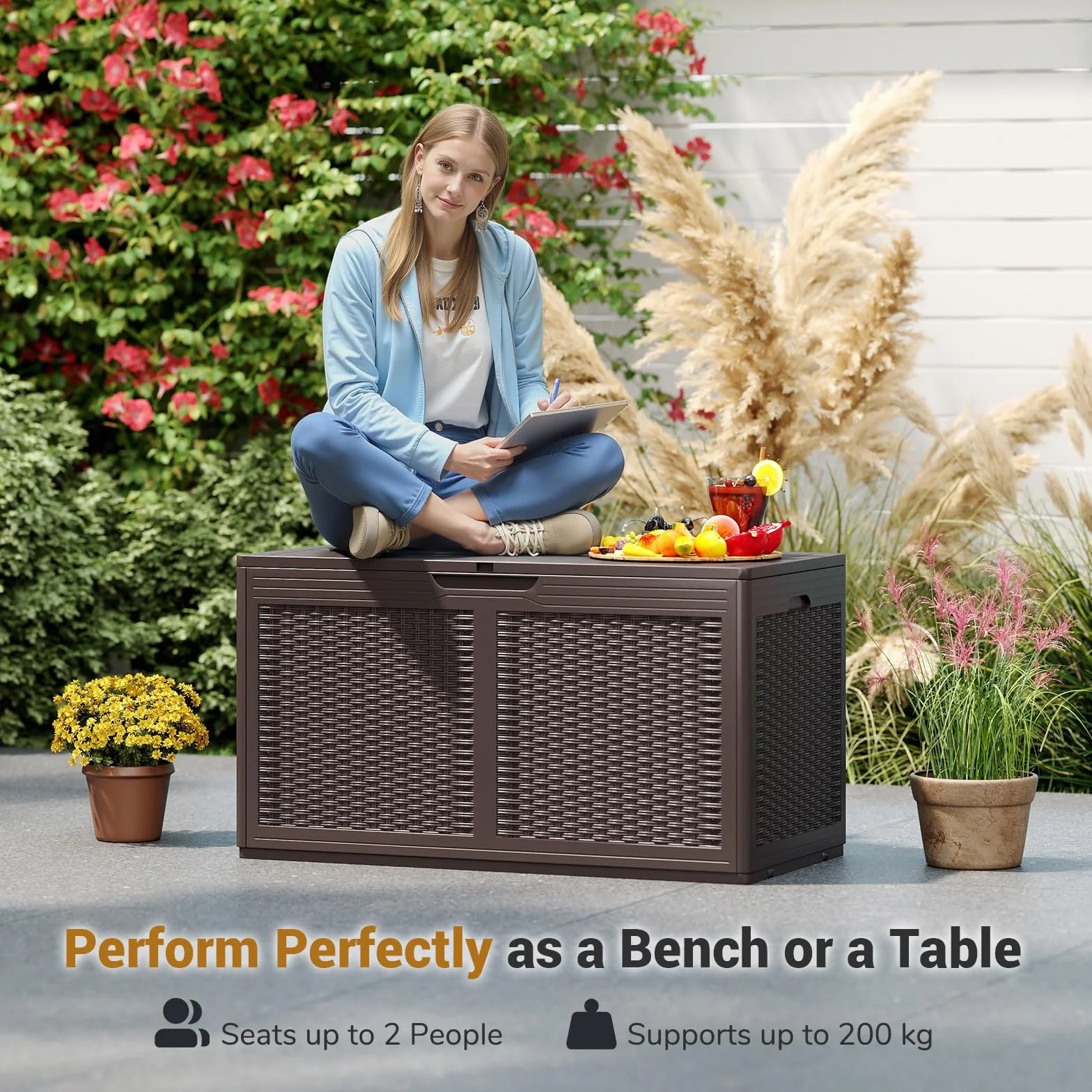 GOPLUS Baúl Almacenaje Exterior 380 L, Arcón Resina Impermeable con Cerradura, 111 x 56 x 61 cm Marrón