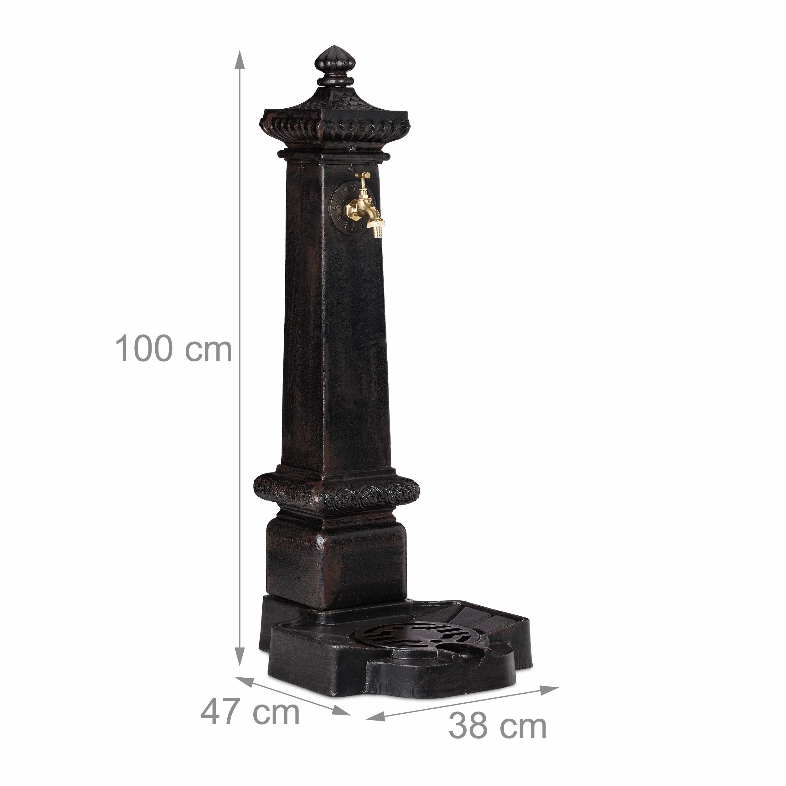 Relaxdays Fuente Jardín XXL Vintage de Pie con Grifo, Aluminio Fundido, Marrón Oscuro, 100 x 38 x 47 cm