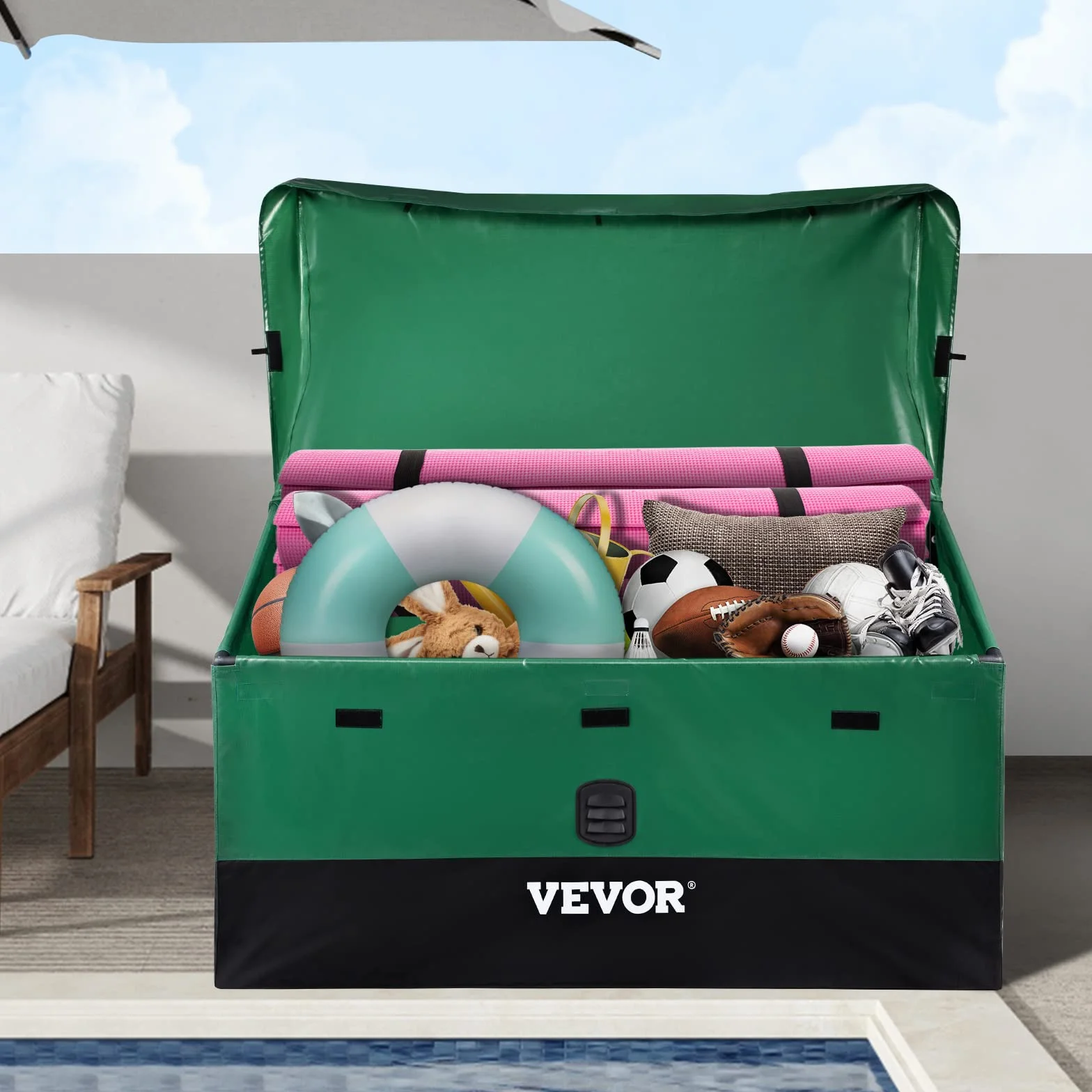 VEVOR Caja de Almacenamiento Exteriores 100 Galones Arcón Jardín Tela Lona PE Portátil 122x63x75x52 cm Verde