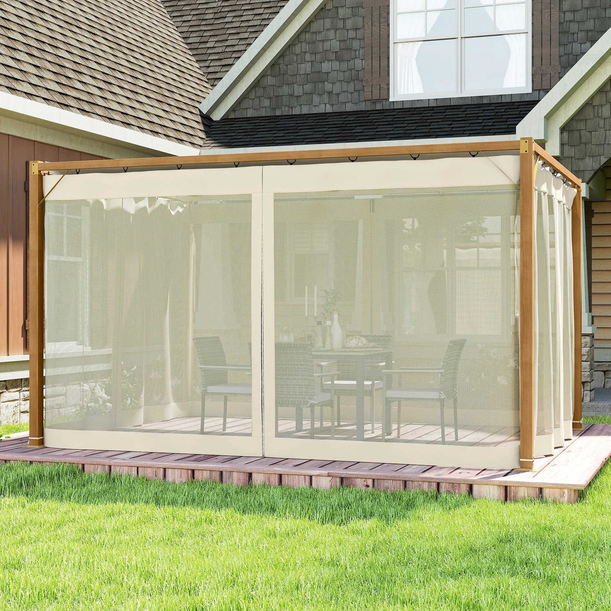 Outsunny Pérgola de Jardín 3x4 m con Techo Retráctil y 4 Paredes Laterales de Malla, Cenador de Jardín con Estructura de Aluminio, UPF30+, Pabellón para Exterior, Patio, Terraza, Natural