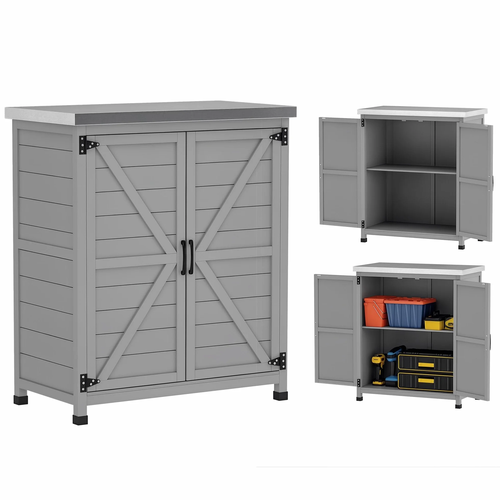 Outsunny Armario Exterior Madera Caseta Jardín Techo Acero Galvanizado 2 Puertas Almacenamiento Herramientas 79x43x92 cm Gris