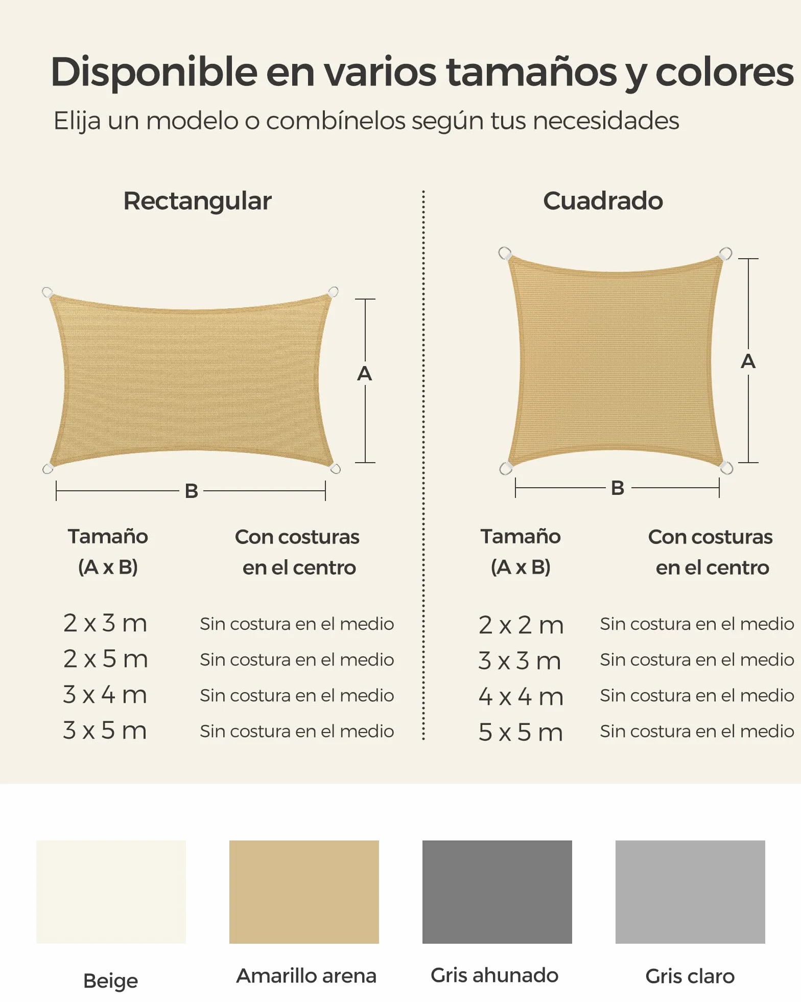 SONGMICS Vela de Sombra 3 x 5 m, HDPE, Protección Solar, Rectangular, Cóncava, Amarillo Arena