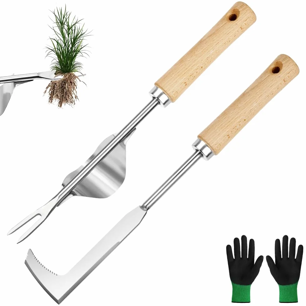 Desherbador Manual 3 Piezas Acero Inoxidable Kit Jardinería Mango Madera