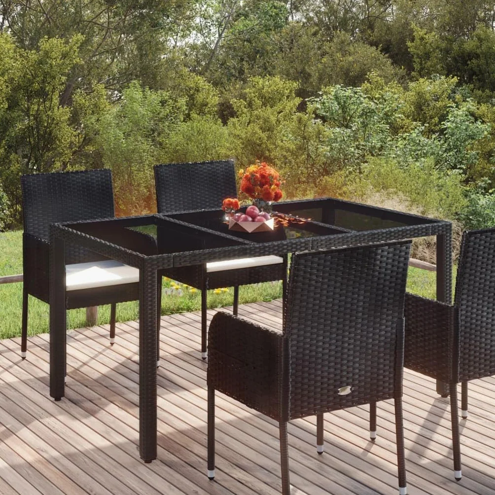 Mesa de jardín de ratán de polirratán, color negro, 150 x 90 x 75 cm, con placa de cristal duro, marco de acero pulverizado, diseño impermeable para terraza y jardín, fácil montaje