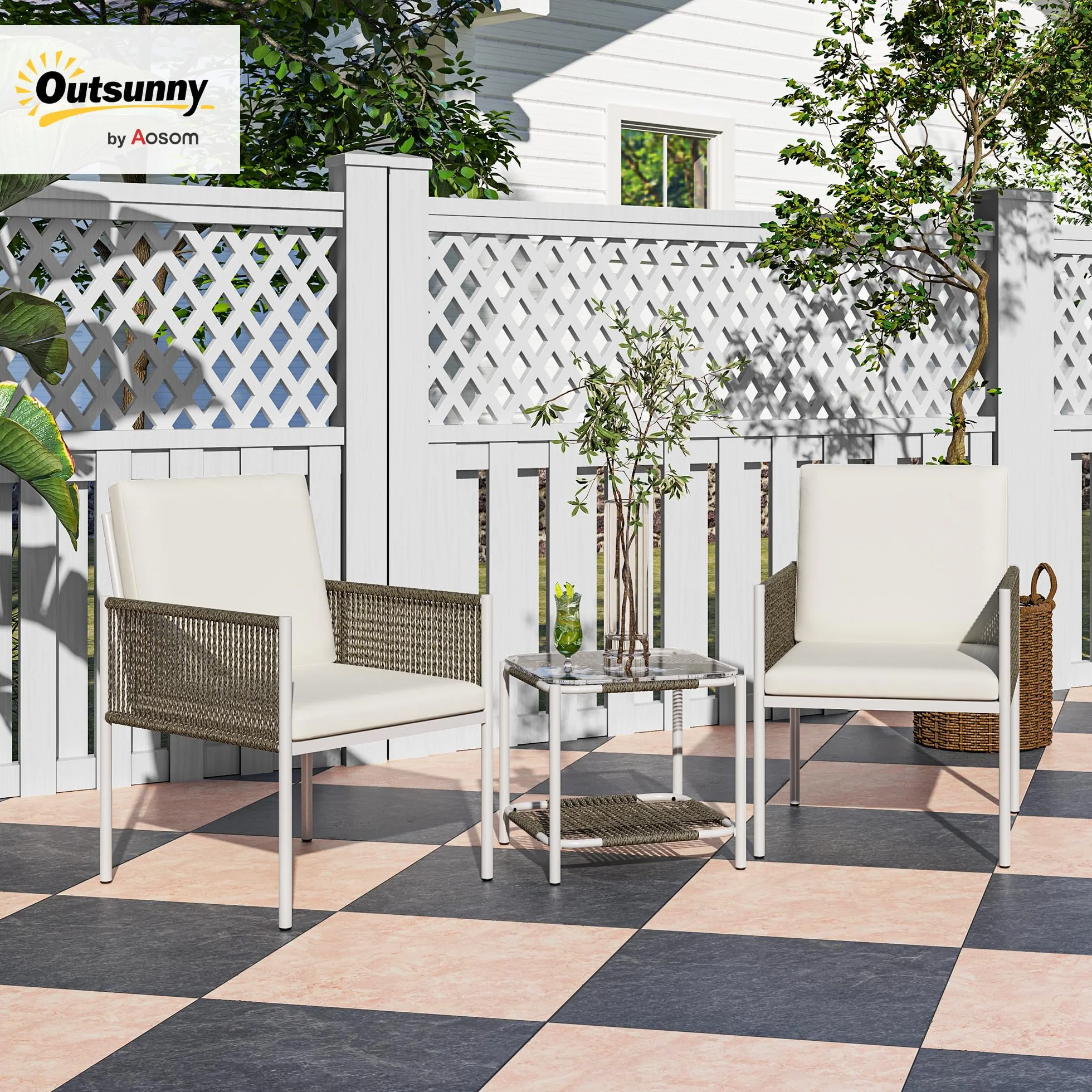 Outsunny Conjunto de Jardín 3 Piezas Mesa y 2 Sillas Ratán con Encimera Vidrio Cojines Acolchados Marrón Crema