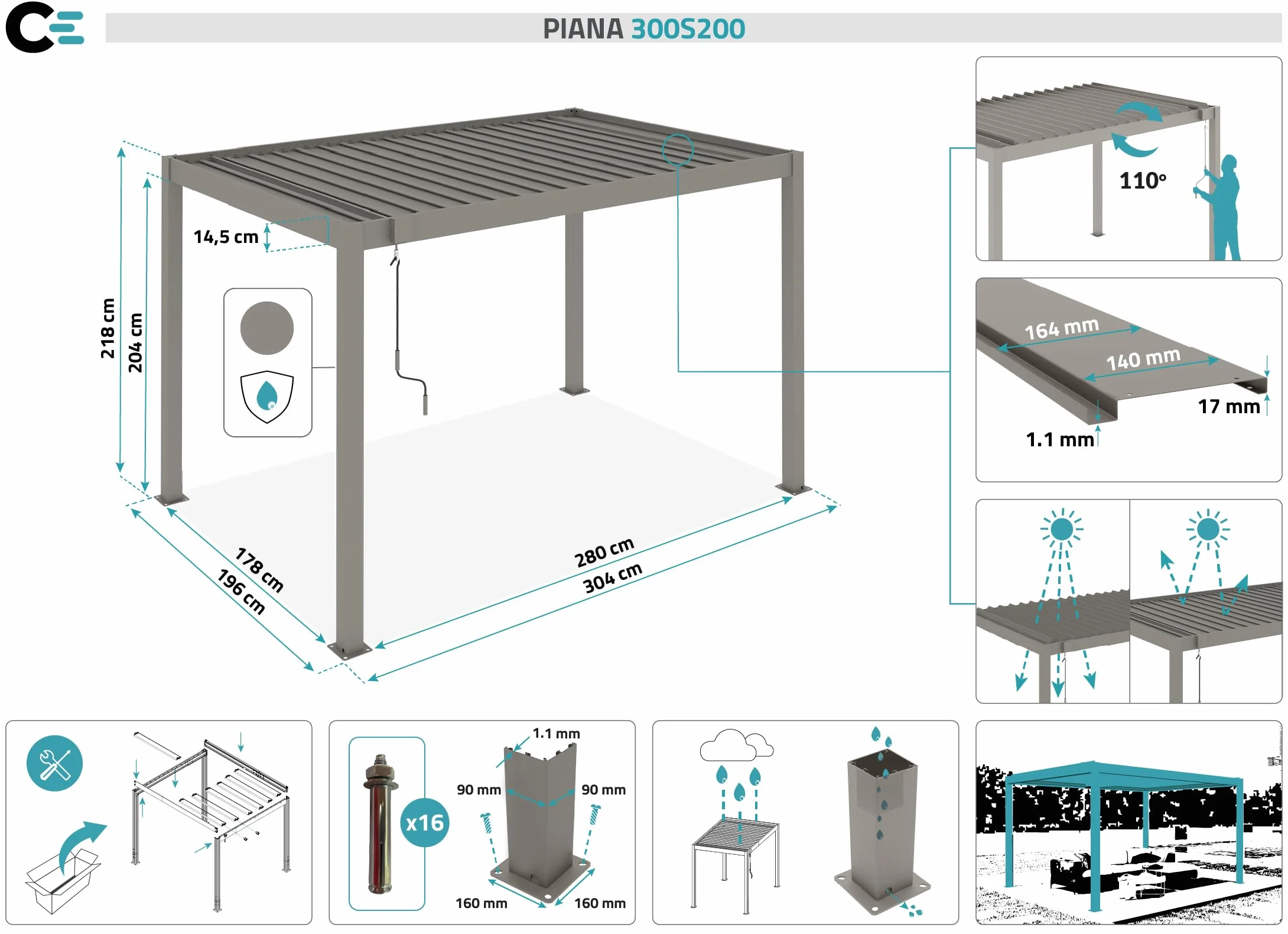 Pérgola Bioclimática Autoportante 297x195 cm 3x2 m 6 m² Aluminio Gris Topo Lamas Orientables 0-110° Acero Resistencia Viento 70 km/h Kit Completo