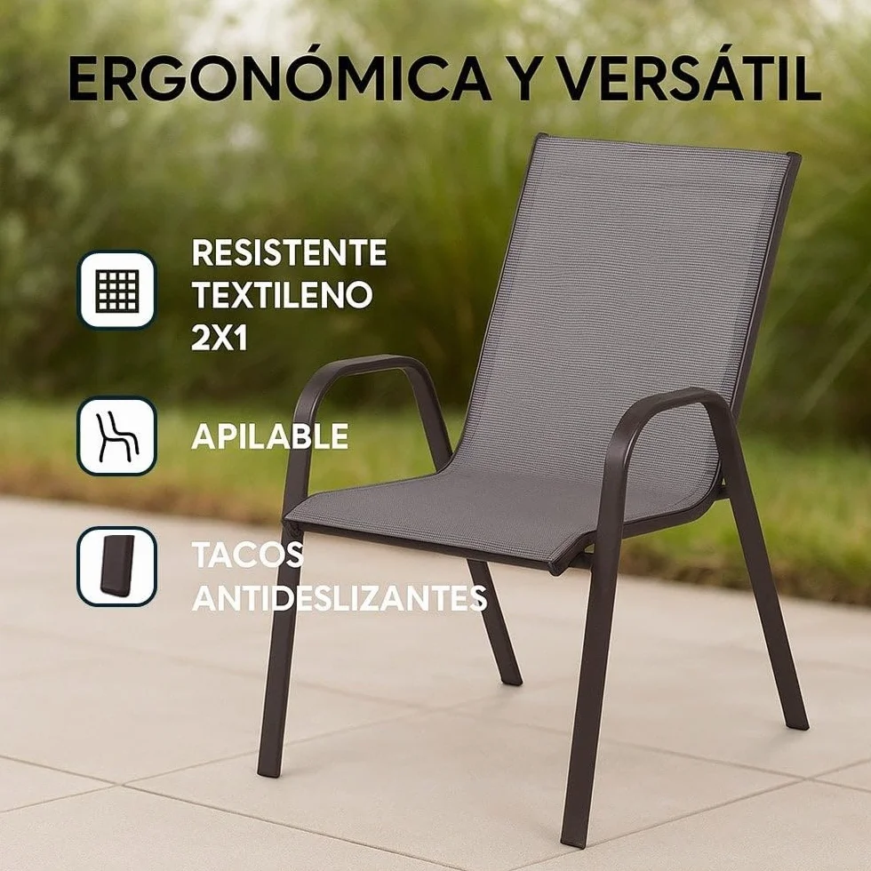 MONTY Conjunto Exterior Mesa 60 cm Acero Cristal Templado 2 Sillas Textileno Antracita