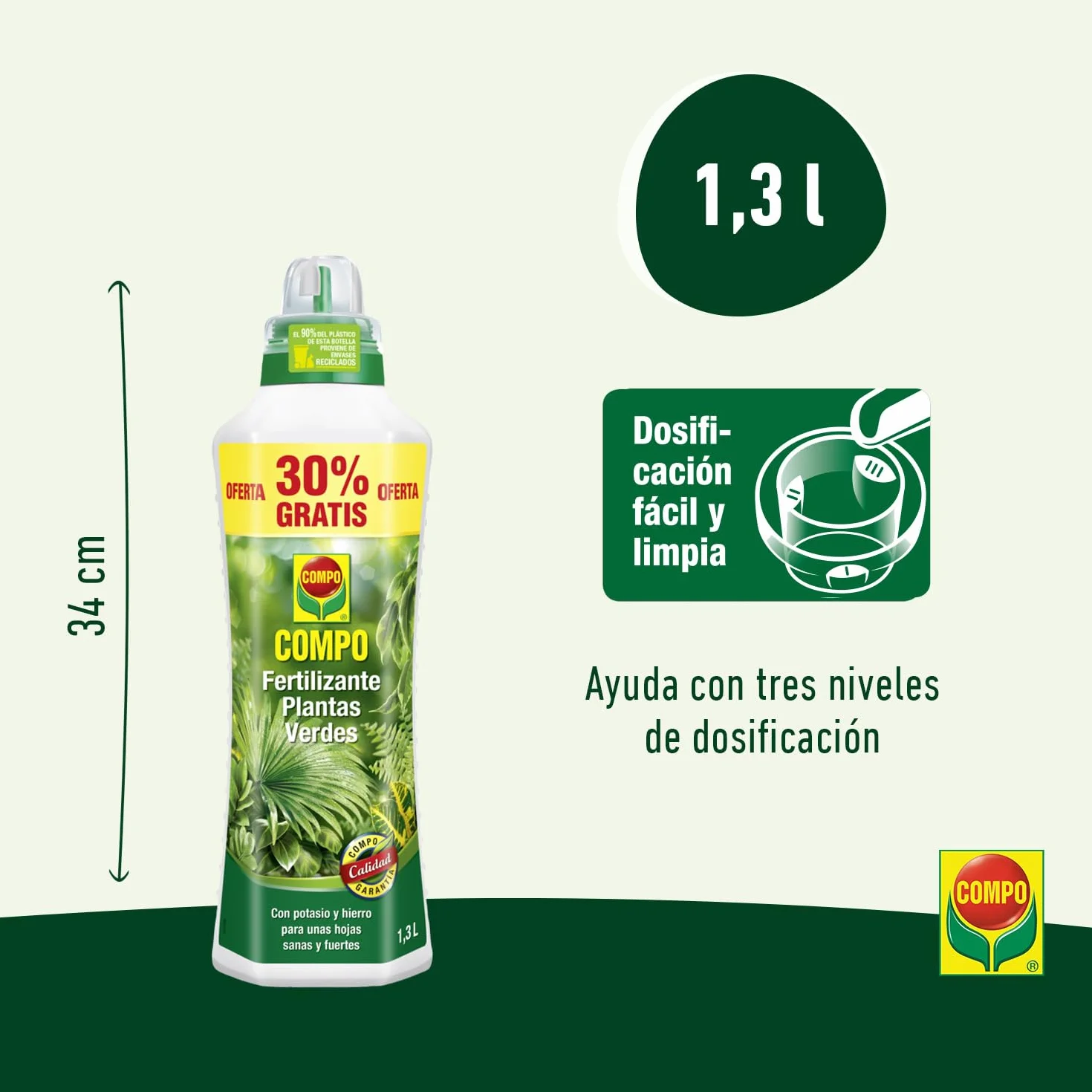 COMPO Fertilizante líquido para plantas verdes con potasio y hierro, 1,3 L