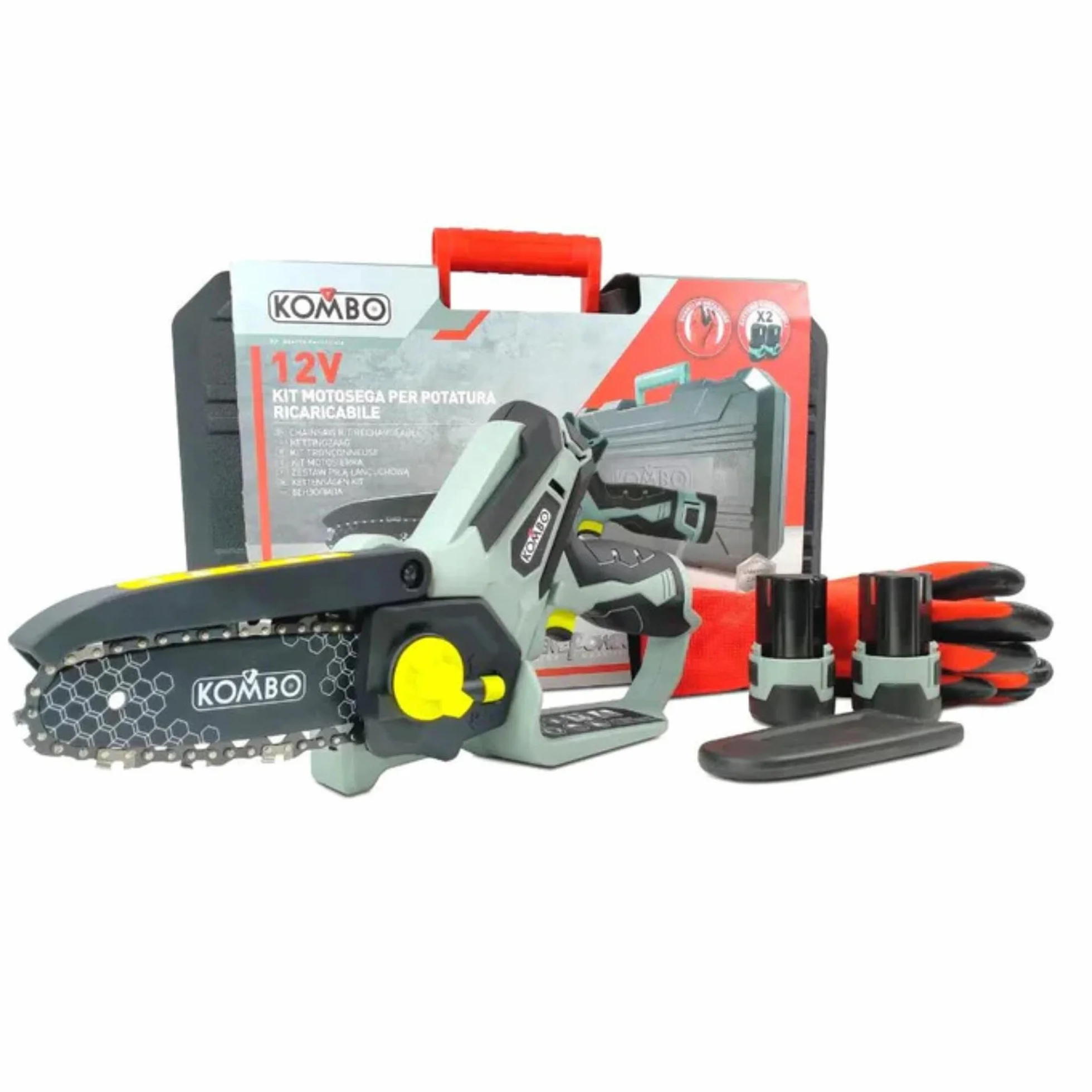 KOMBO Pro – Motosierra a batería de 12 V con 2 baterías recargables, barra de 15,5 cm, cadena de 3/8", corte de hasta 12 cm, tensor de cadena SDS, guantes DPI clase 2 incluidos