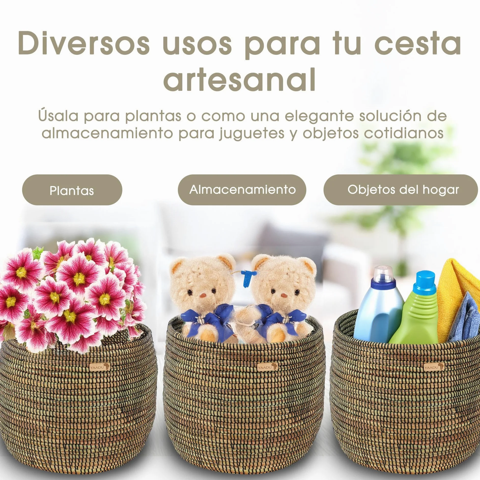 YAADU Cesta de almacenamiento trenzada – Para plantas, estantes, africano, decorativo, juguetes y objetos diferentes – Modelo Kikongo (negro)