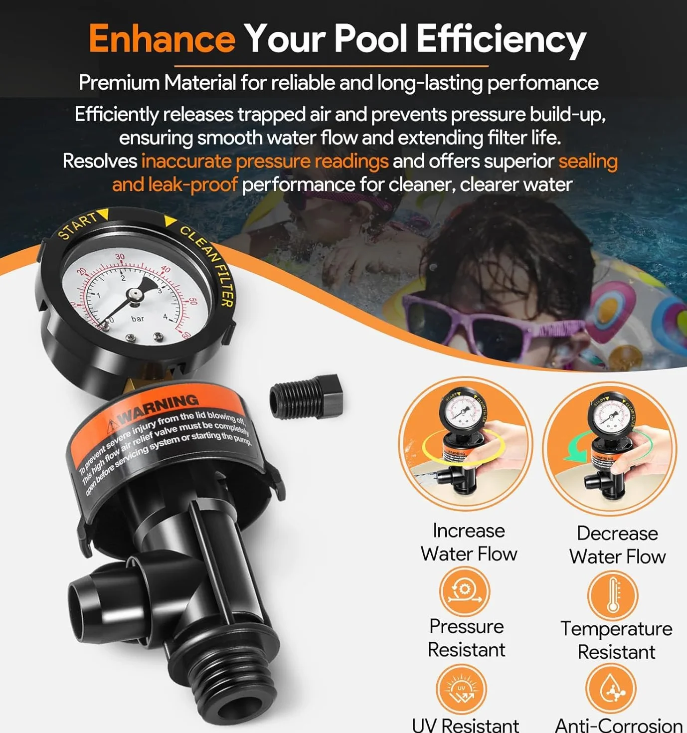 Válvula de purga de aire con manómetro para filtro de piscina compatible con 98209800 y 190058 Clean & Clear Warrior FNS Predator
