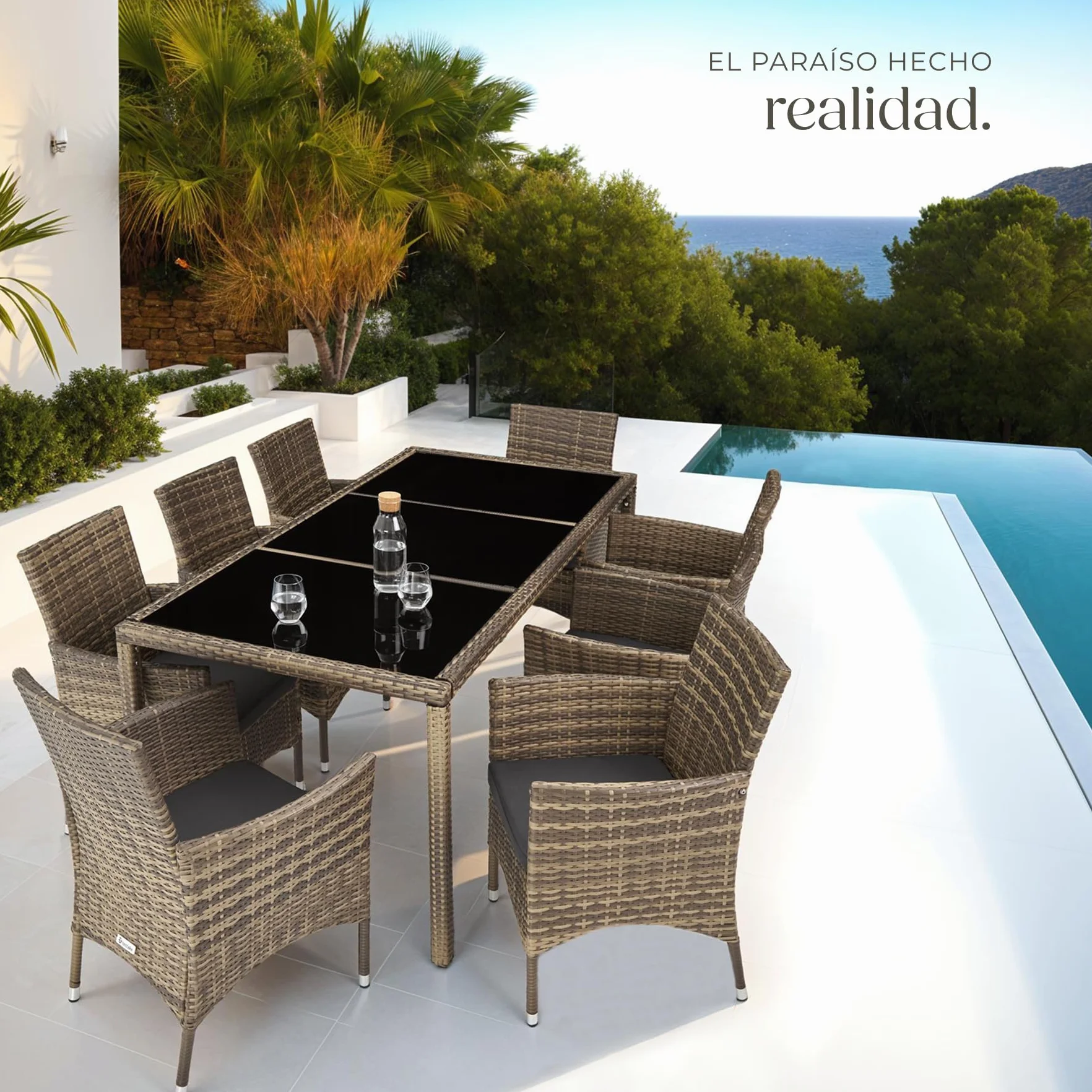 tectake® Conjunto Jardín Exterior de Ratán y Acero con Cojines, Muebles Jardín Exterior Resistentes a Intemperie, para hasta 8 Personas, Fácil Limpieza - Natural/Gris