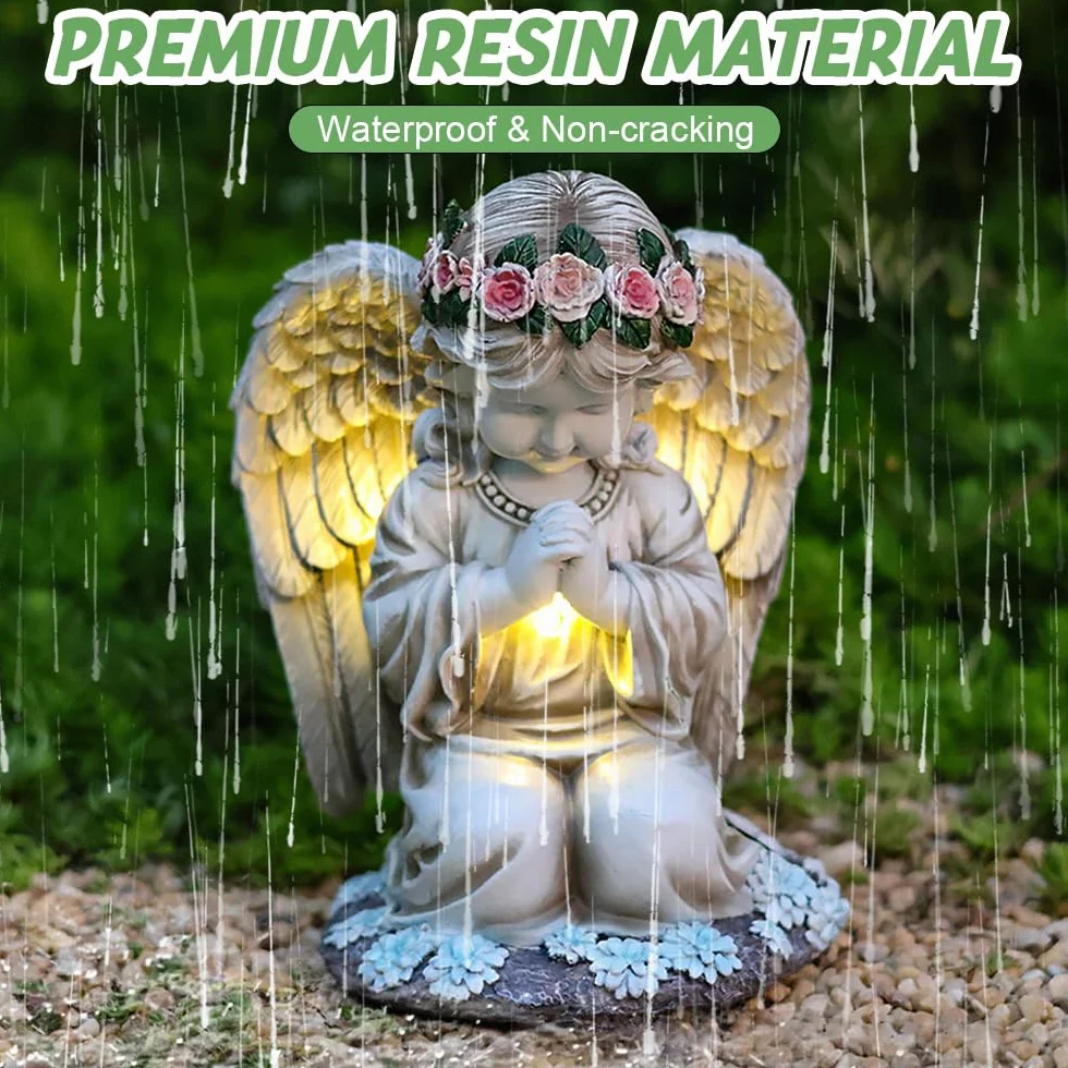 Estatuas Ángel Solar de Jardín IP44 Resistente Agua Luz LED Figura Ángel de la Guarda Orando Decoración