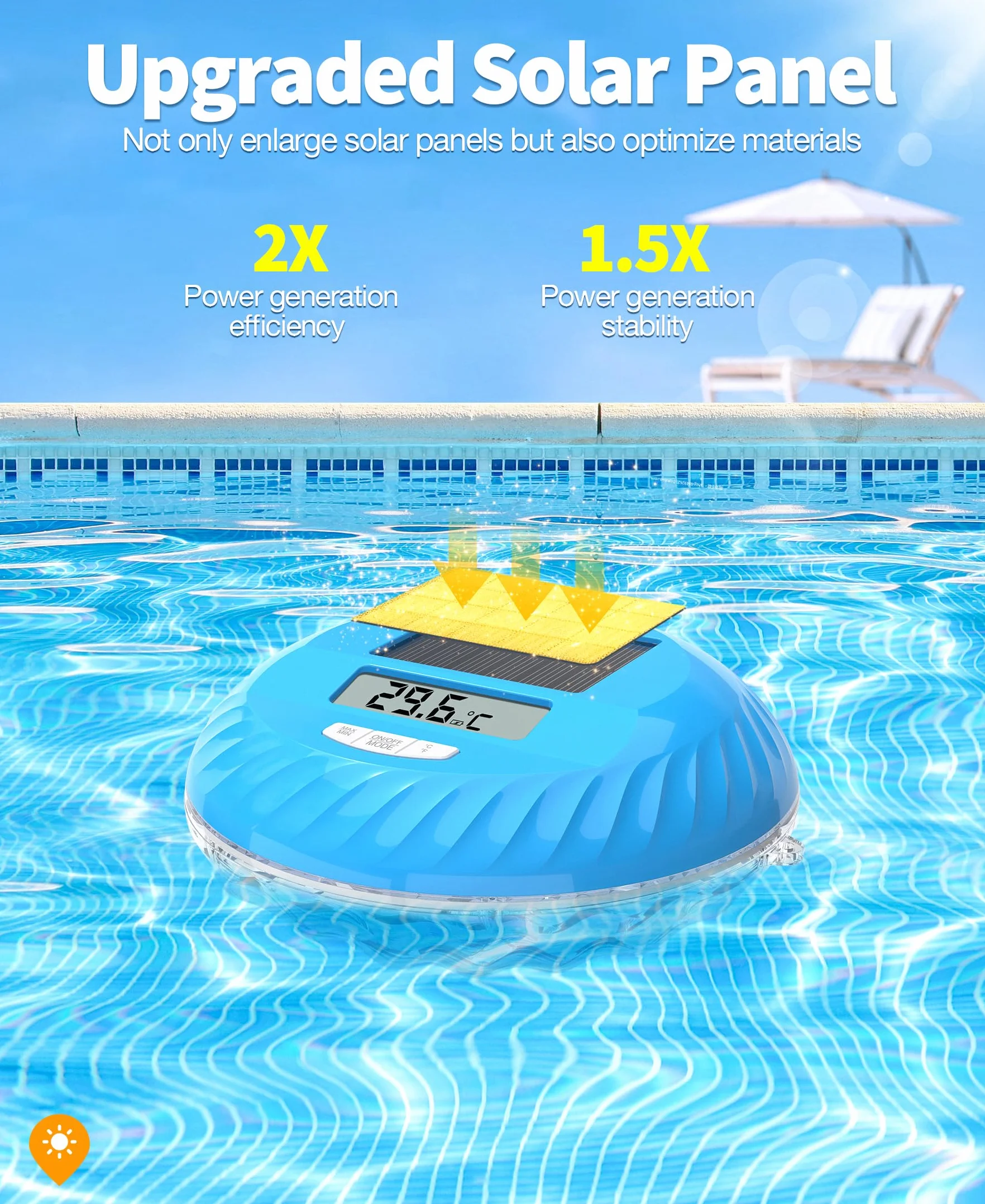 LuxBlue Termómetro Piscina Flotante con Luces LED Solar IP68 Impermeable Digital