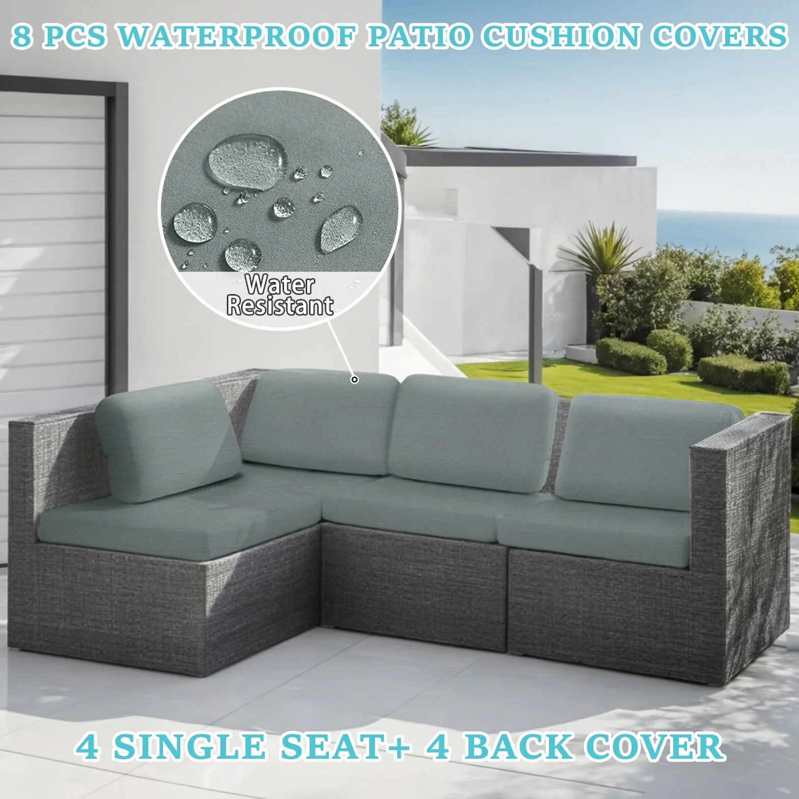 Funda para Cojín Exterior Impermeable 8 Piezas, Fundas Elásticas Antimanchas para Sofá de Jardín, Muebles de Ratán (Gris Claro)