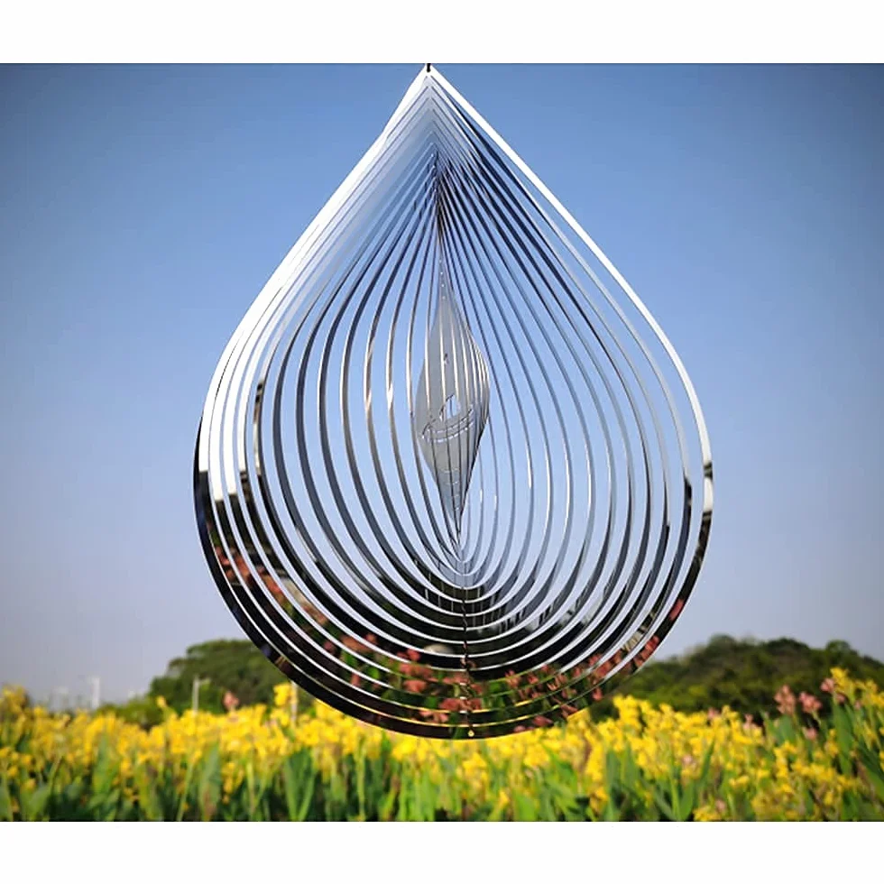 3D Stainless Steel Wind Spinner 12inch Water Droplets Sculptures for Indoor Outdoor Garden Decoration
